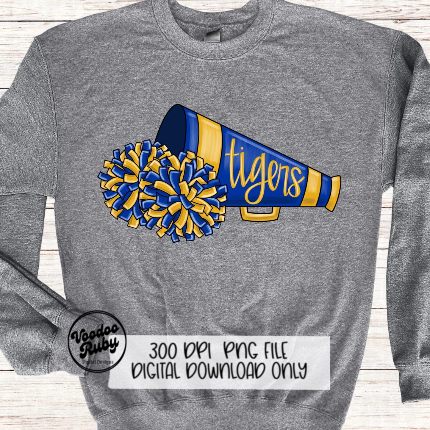 Blue and Yellow Gold Tigers Cheer PNG Design Sublimation Hand Drawn Digital Download Football PNG Cheerleader DTF Printable Clip Art