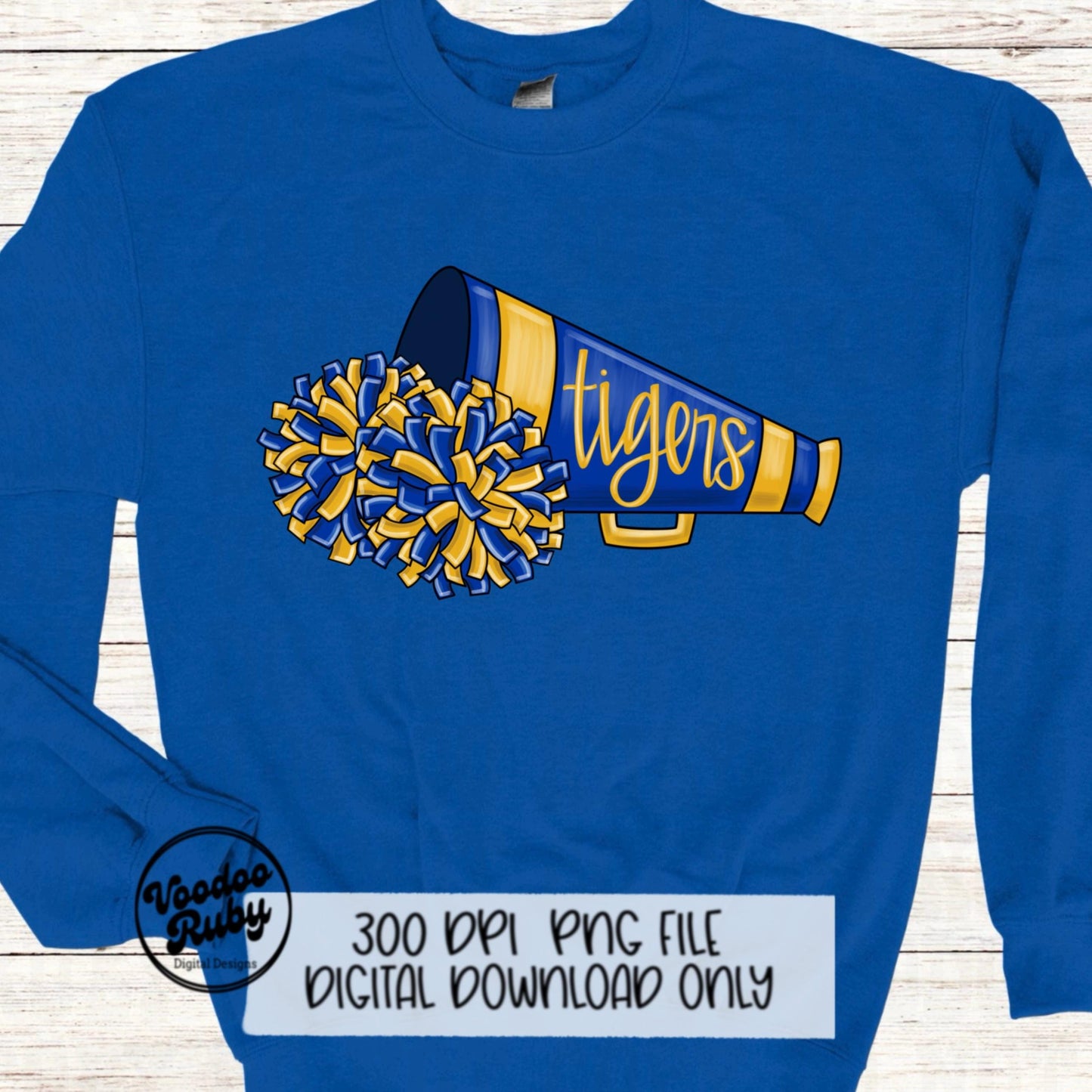 Blue and Yellow Gold Tigers Cheer PNG Design Sublimation Hand Drawn Digital Download Football PNG Cheerleader DTF Printable Clip Art