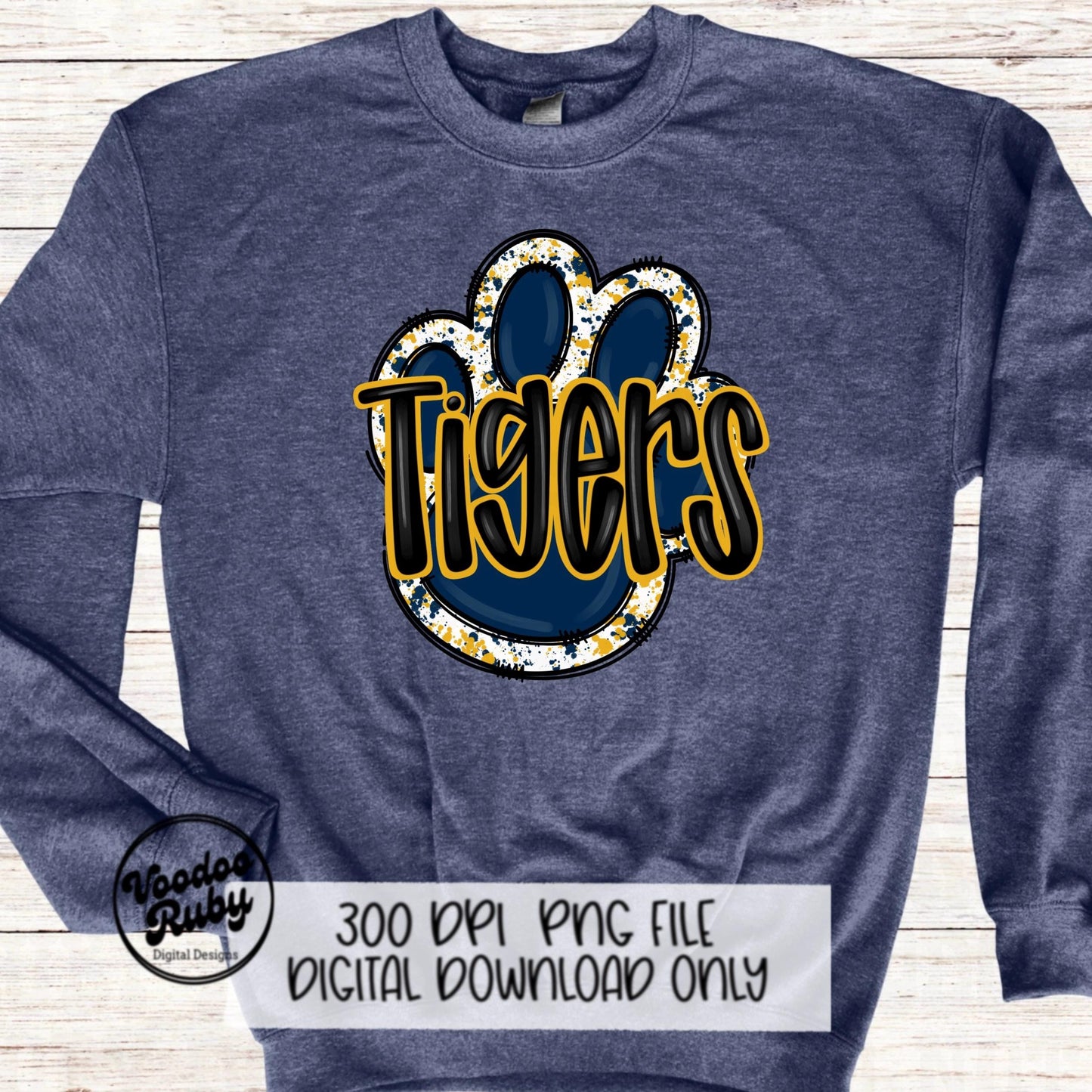 Tigers PNG Design Navy Blue Gold Yellow Hand Drawn Digital Download Football PNG Paw Print Sublimation Design Tigers Football DTF Printable