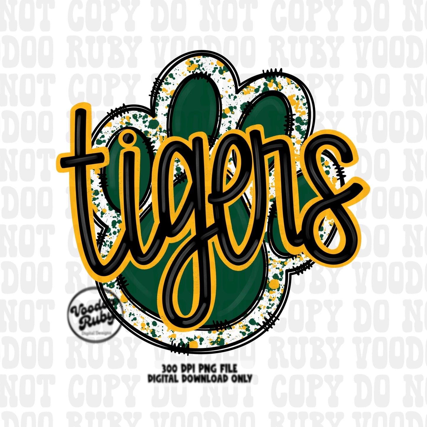 May include: Digital download of a 300 DPI PNG file featuring the word 'Tigers' in a stylized, hand-drawn font. The text is overlaid on a green paw print graphic with white and gold splatters, creating a distressed, vintage look. The design incorporates black outlines and gold accents, suitable for various applications such as apparel, crafts, or school spirit merchandise. The text '300 DPI PNG FILE DIGITAL DOWNLOAD ONLY' is also visible.