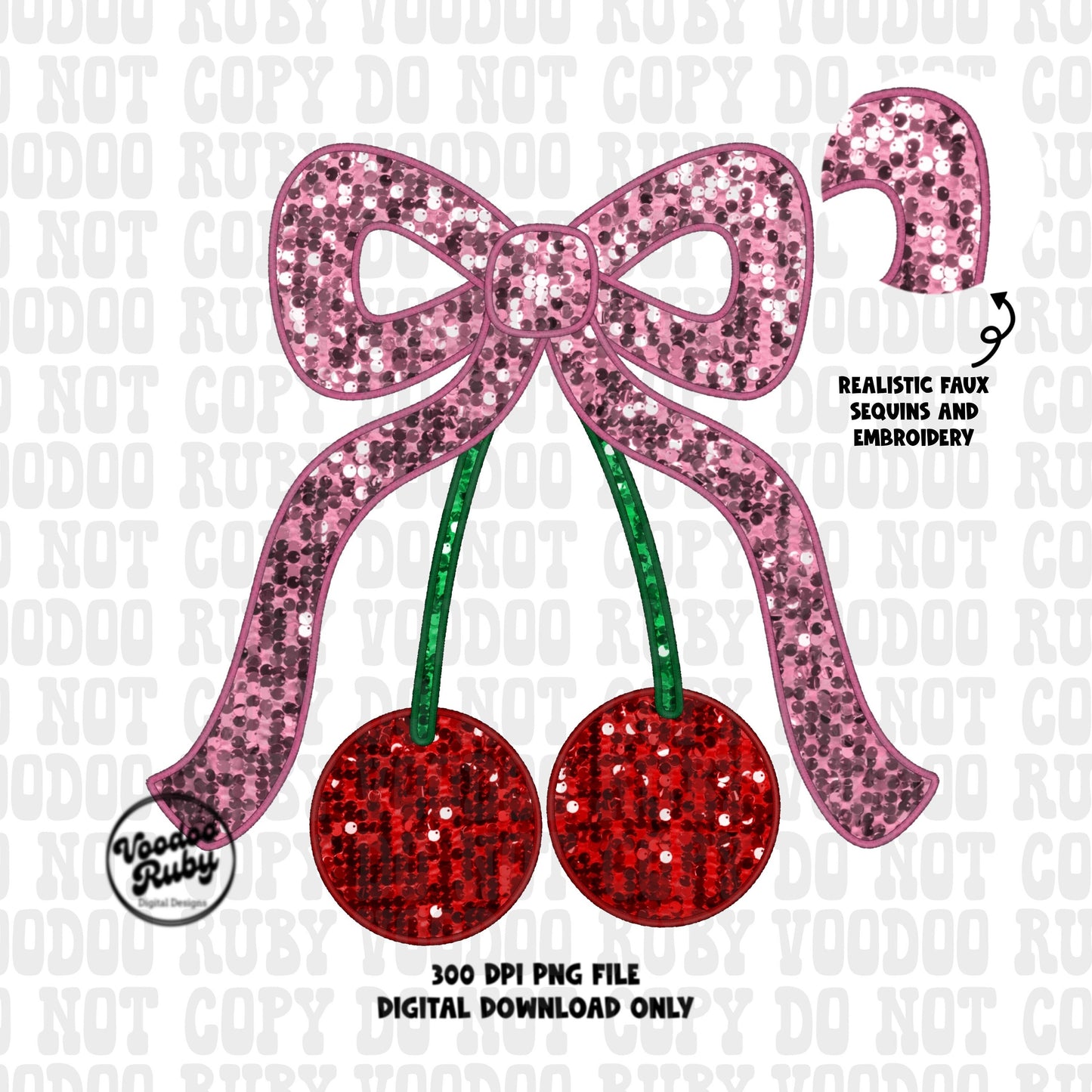 Pink ribbon with cherries png faux sequin faux embroidery png coquette aesthetic