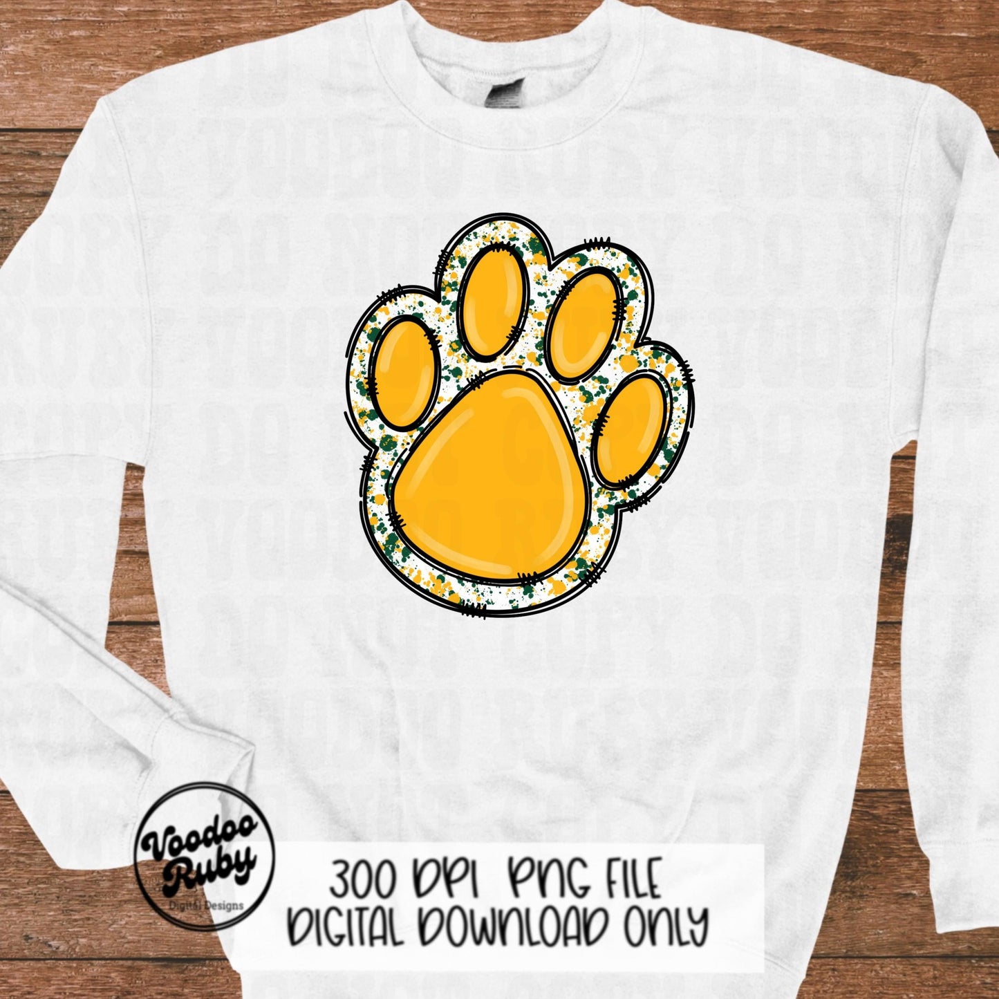 Gold and Green Paw Print PNG Sublimation Design | Hand Drawn Digital Download | Doodle Clip Art | Printable