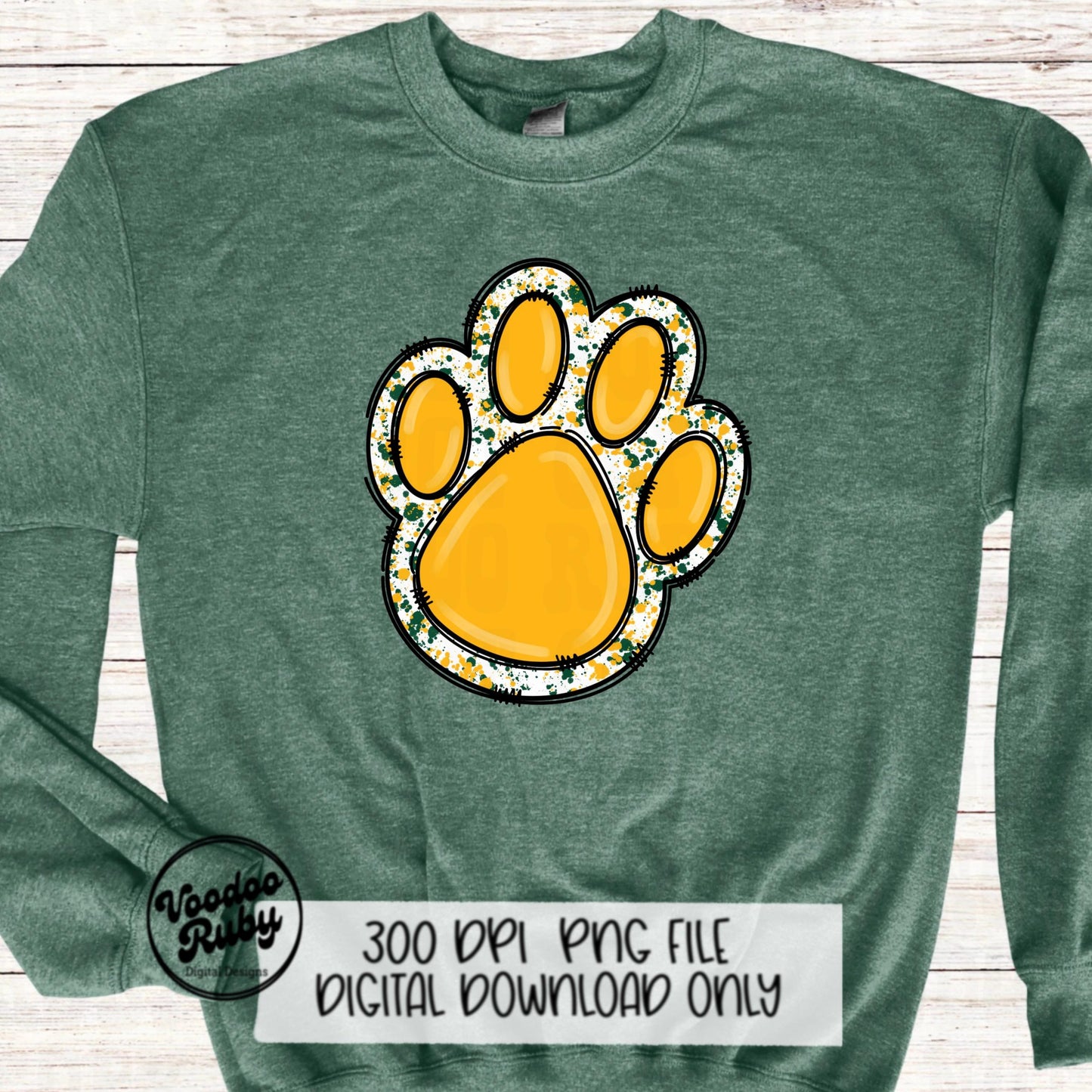 Gold and Green Paw Print PNG Sublimation Design | Hand Drawn Digital Download | Doodle Clip Art | Printable