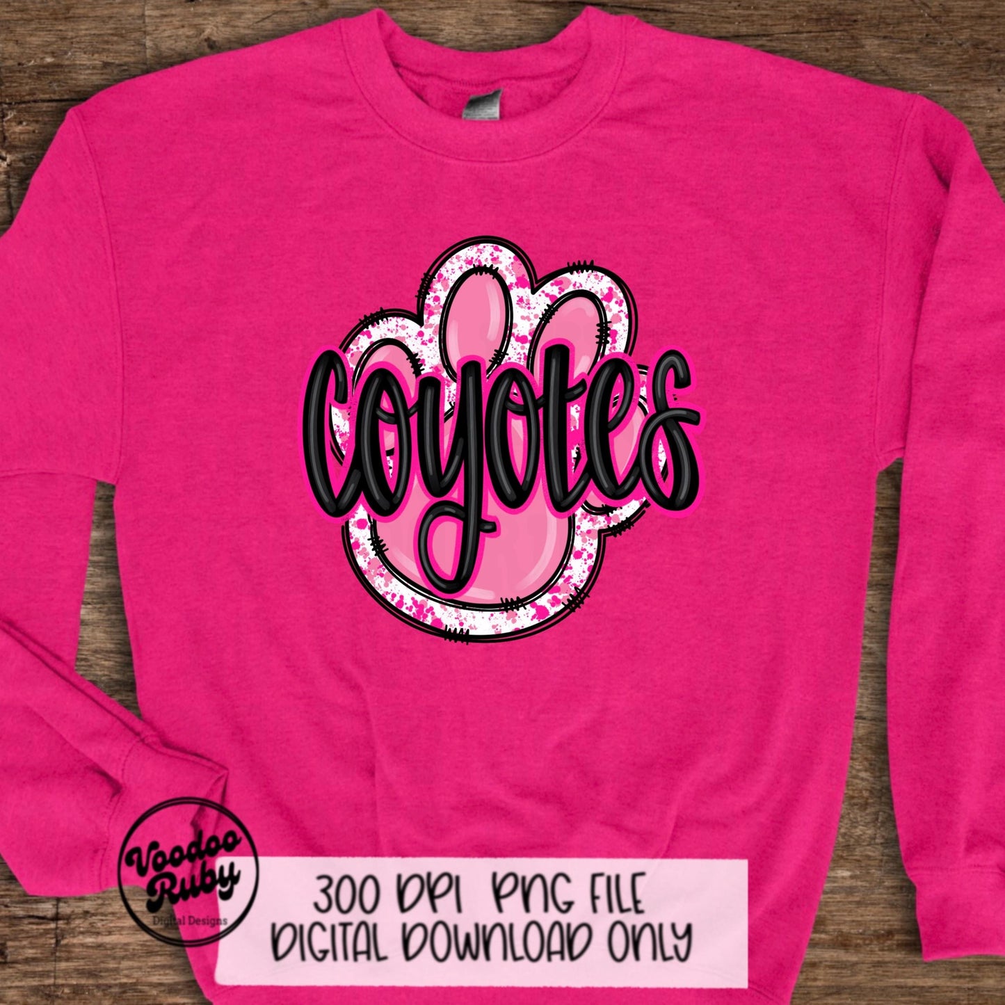 Coyotes PNG Design Sublimation Hand Drawn Digital Download Football PNG Pink Paw Print Coyotes Mascot DTF Printable
