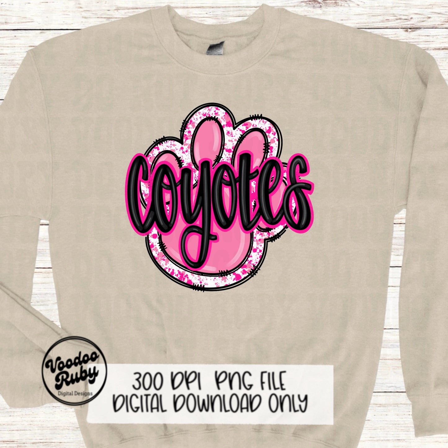 Coyotes PNG Design Sublimation Hand Drawn Digital Download Football PNG Pink Paw Print Coyotes Mascot DTF Printable