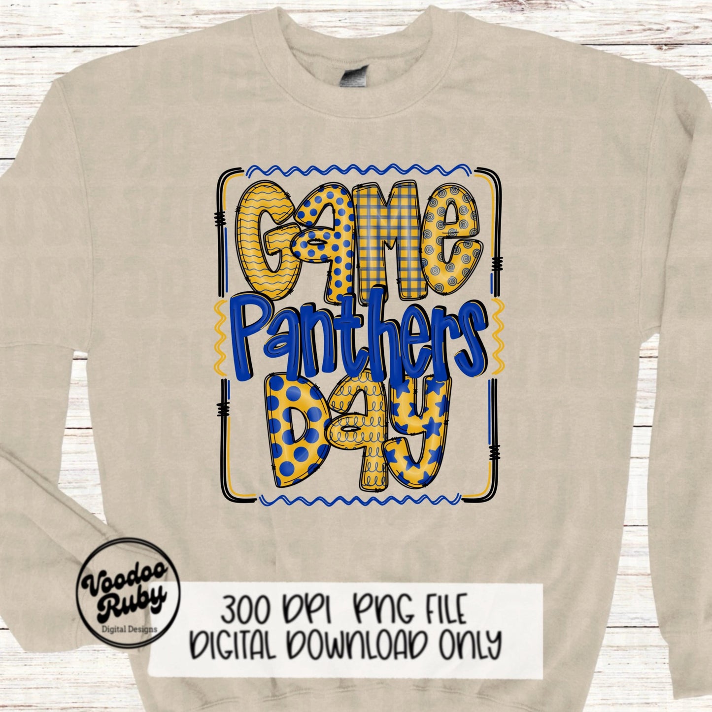 Panthers PNG Design Hand Drawn Digital Download Sublimation Game Day PNG Blue Gold Panthers Game Day Doodle Letters Football DTF Printable