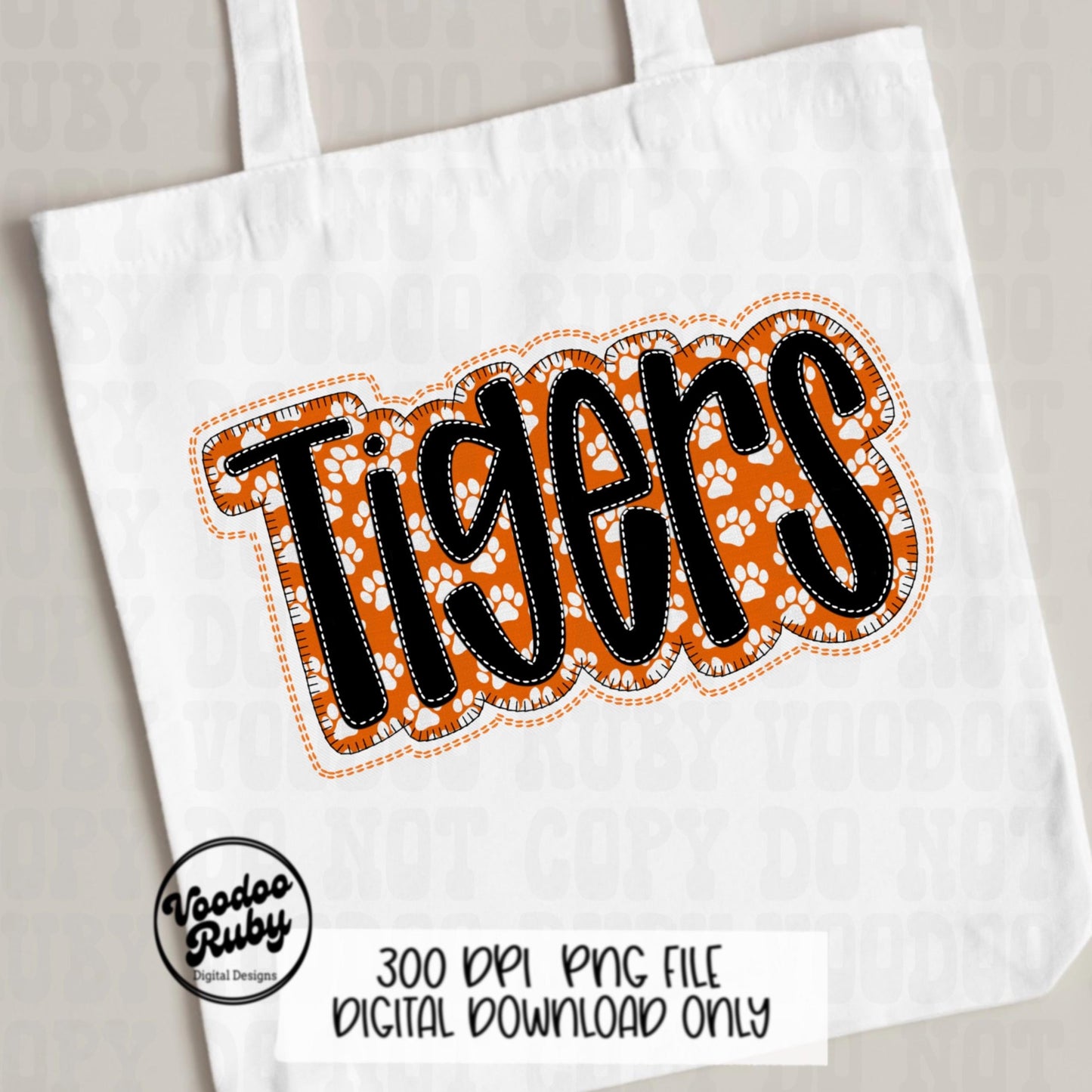 Tigers PNG Design Faux Embroidery Sublimation Hand Drawn Digital Download Orange White Tigers PNG Football png Mascot DTF Printable