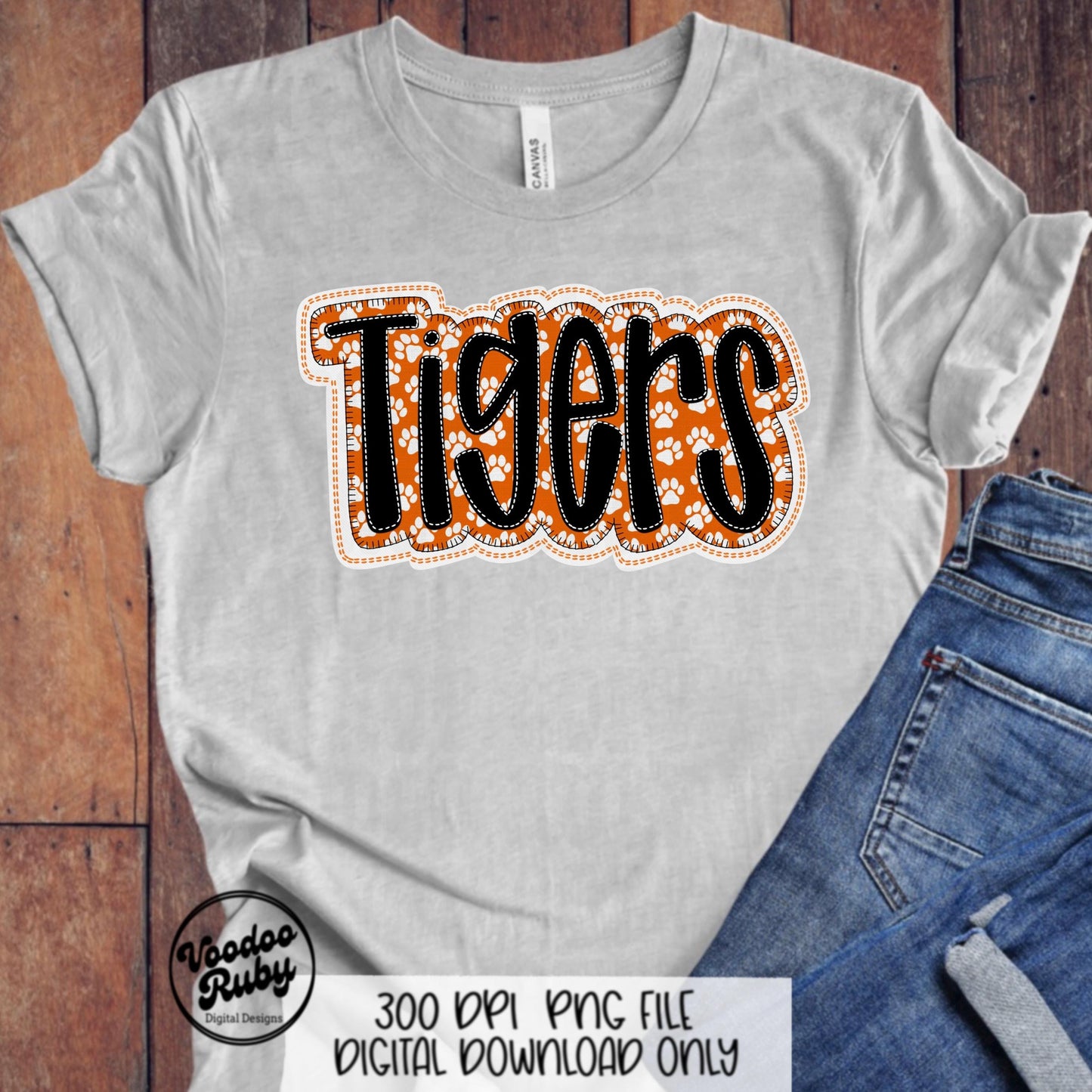 Tigers PNG Design Faux Embroidery Sublimation Hand Drawn Digital Download Orange White Tigers PNG Football png Mascot DTF Printable
