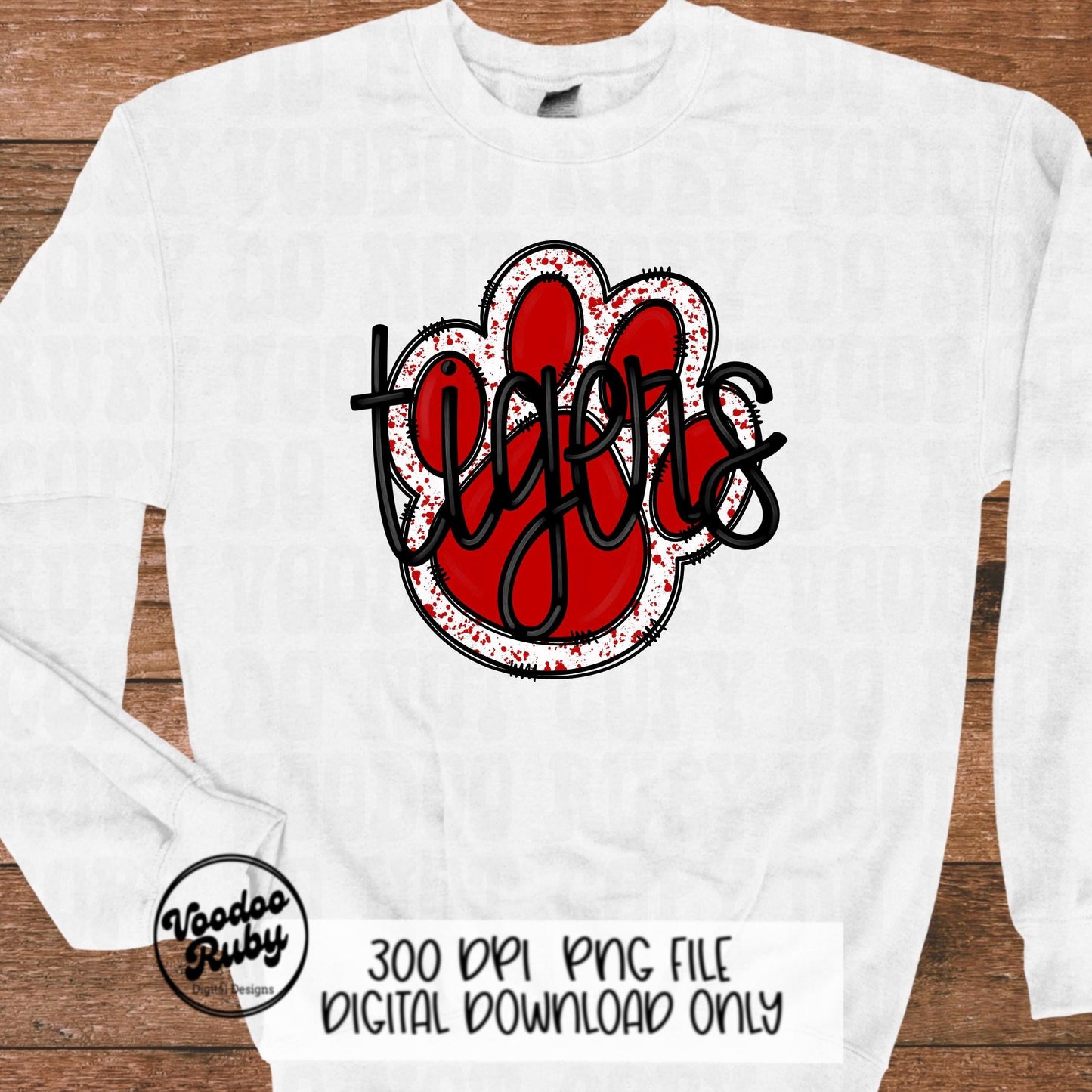 Tigers PNG Design Sublimation Hand Drawn Digital Download Football PNG Red Tigers Paw Print Tigers Football DTF Printable