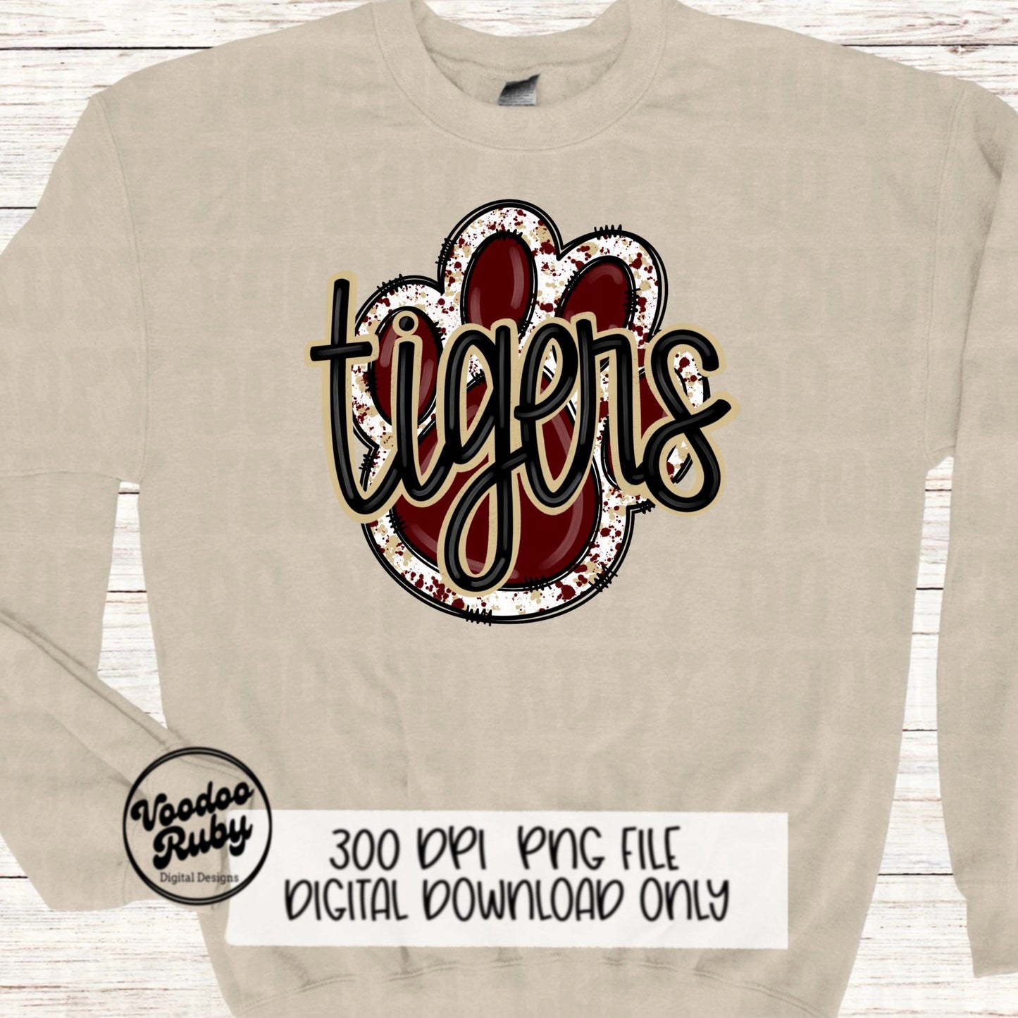 Tigers PNG Design Sublimation Hand Drawn Digital Download Football PNG Paw Print Mascot Maroon Gold Football DTF Printable