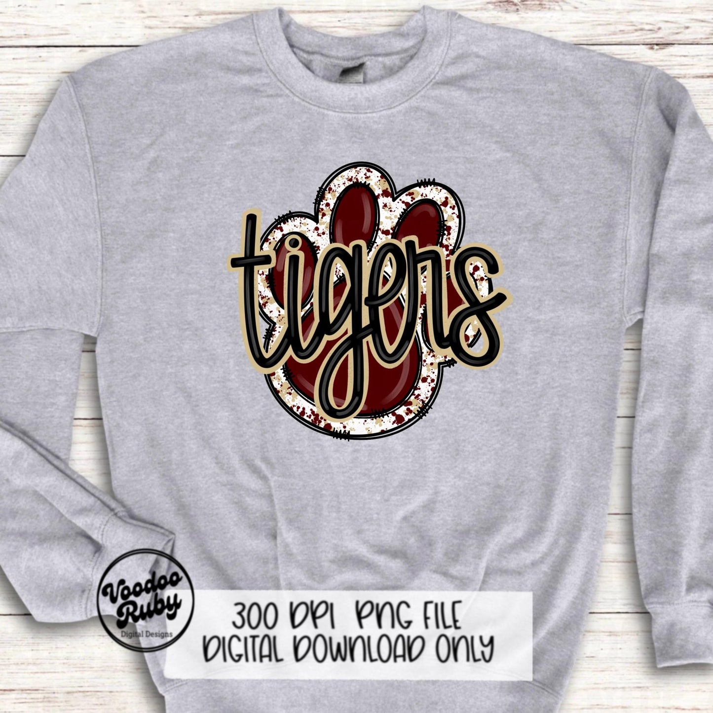 Tigers PNG Design Sublimation Hand Drawn Digital Download Football PNG Paw Print Mascot Maroon Gold Football DTF Printable