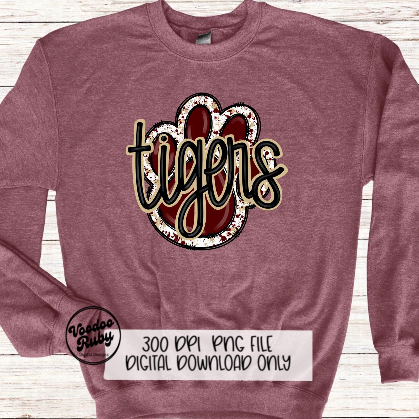 Tigers PNG Design Sublimation Hand Drawn Digital Download Football PNG Paw Print Mascot Maroon Gold Football DTF Printable