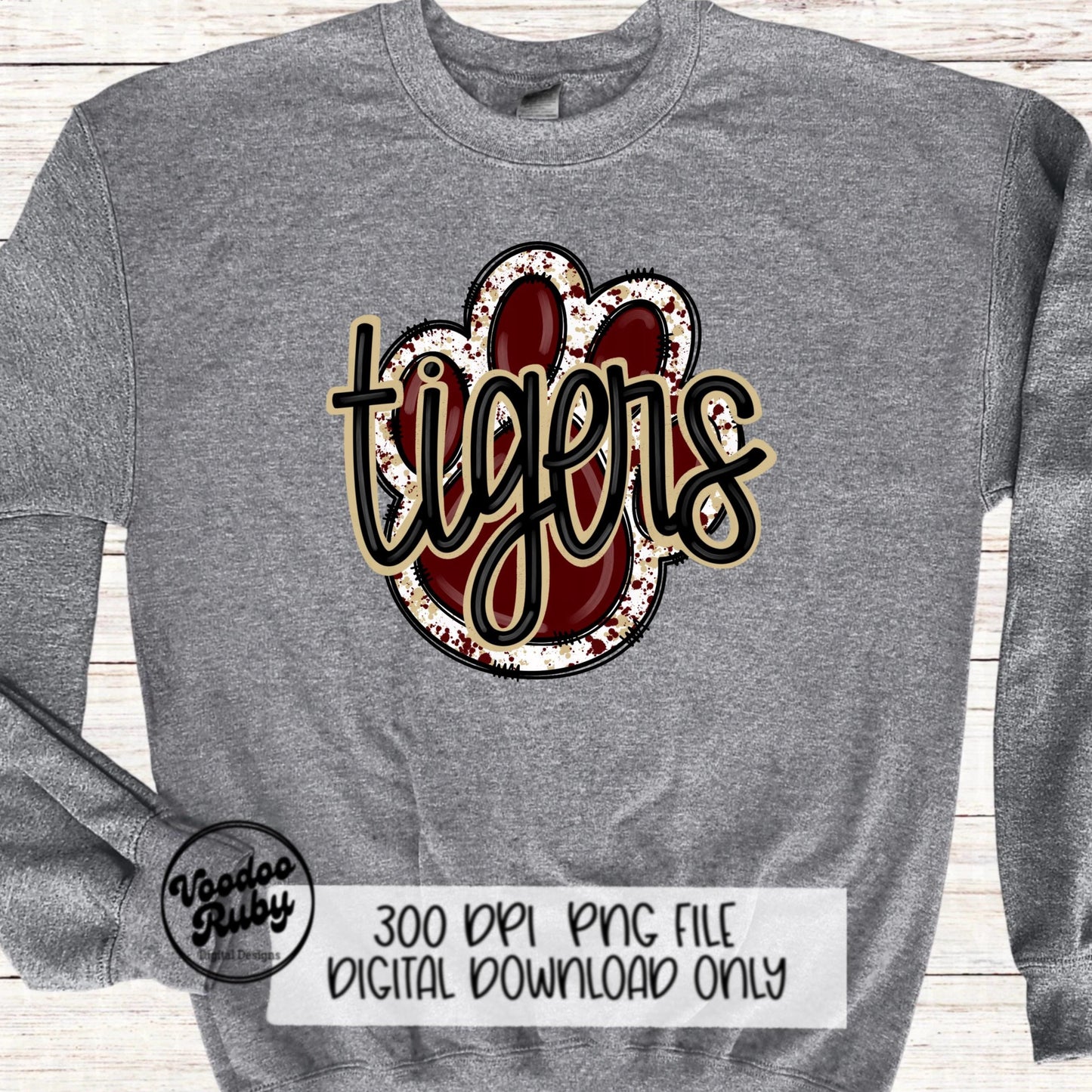 Tigers PNG Design Sublimation Hand Drawn Digital Download Football PNG Paw Print Mascot Maroon Gold Football DTF Printable