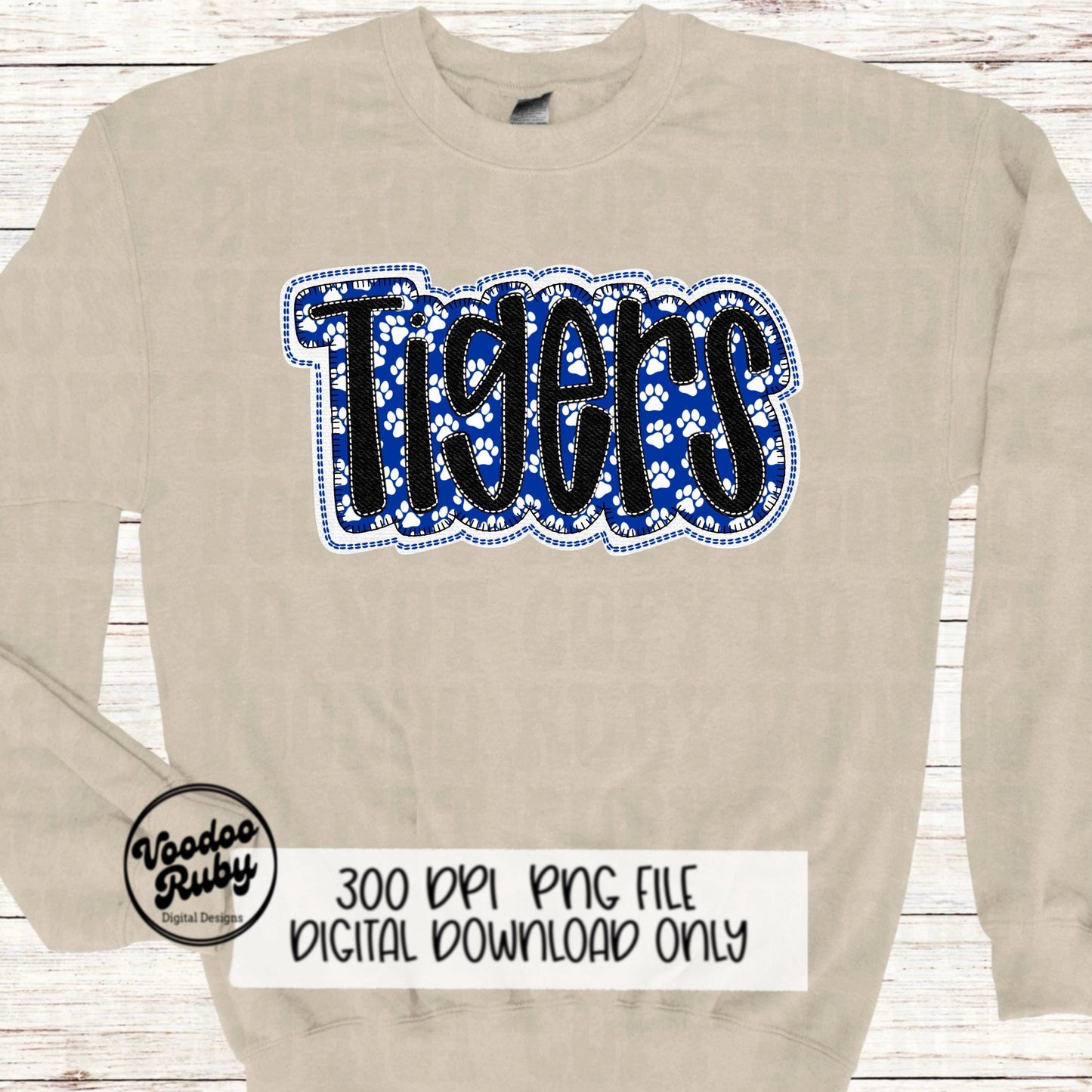 Tigers PNG Design Faux Embroidery Sublimation Hand Drawn Digital Download Blue White Tigers PNG Football png Mascot DTF Printable