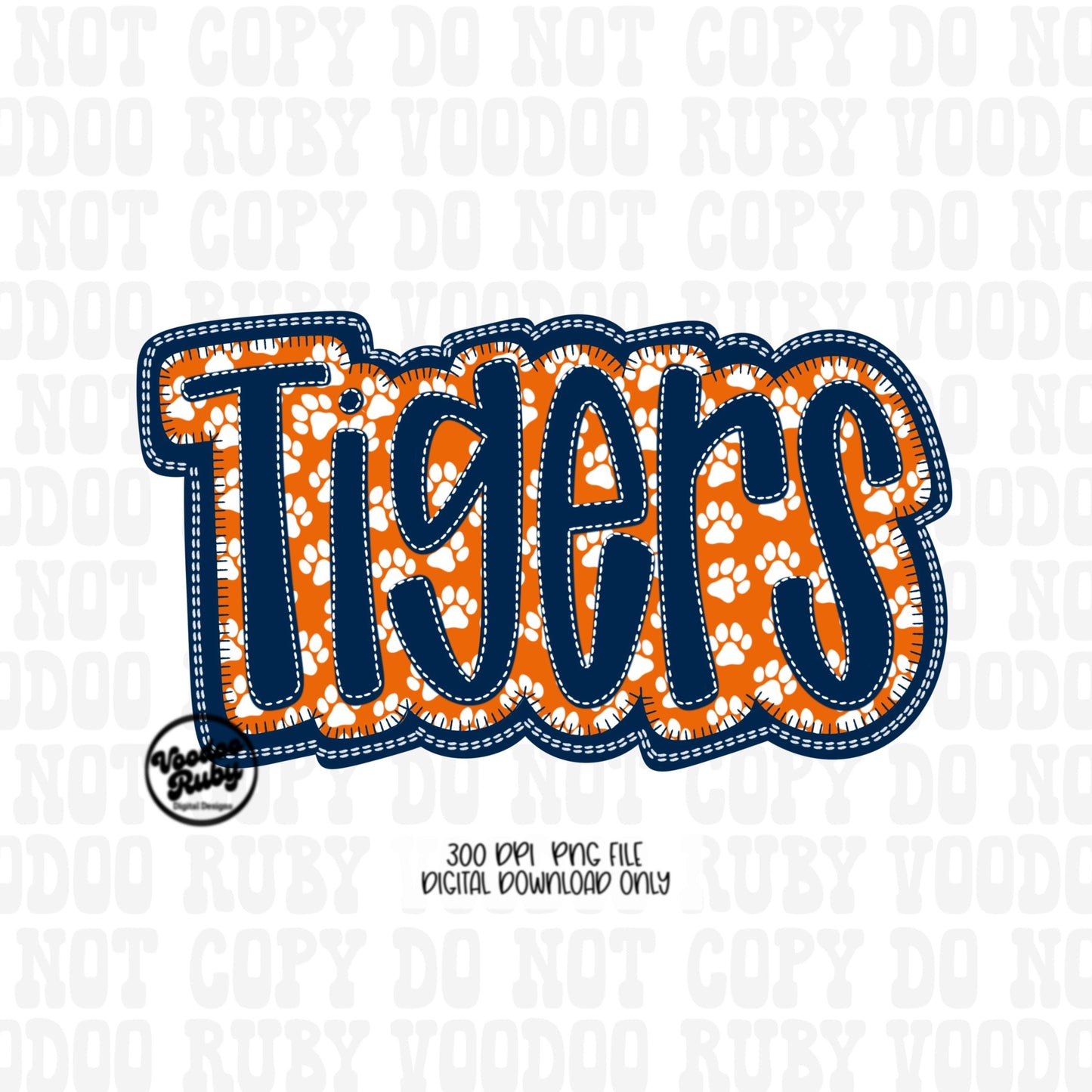 Tigers Mascot PNG: Blue Orange Faux Embroidery Design (Digital Download)