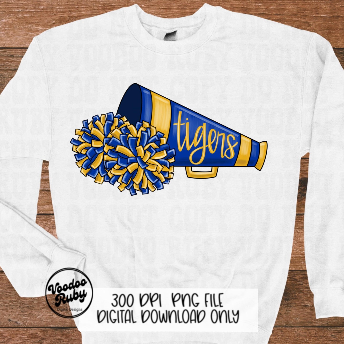 Blue and Yellow Gold Tigers Cheer PNG Design Sublimation Hand Drawn Digital Download Football PNG Cheerleader DTF Printable Clip Art