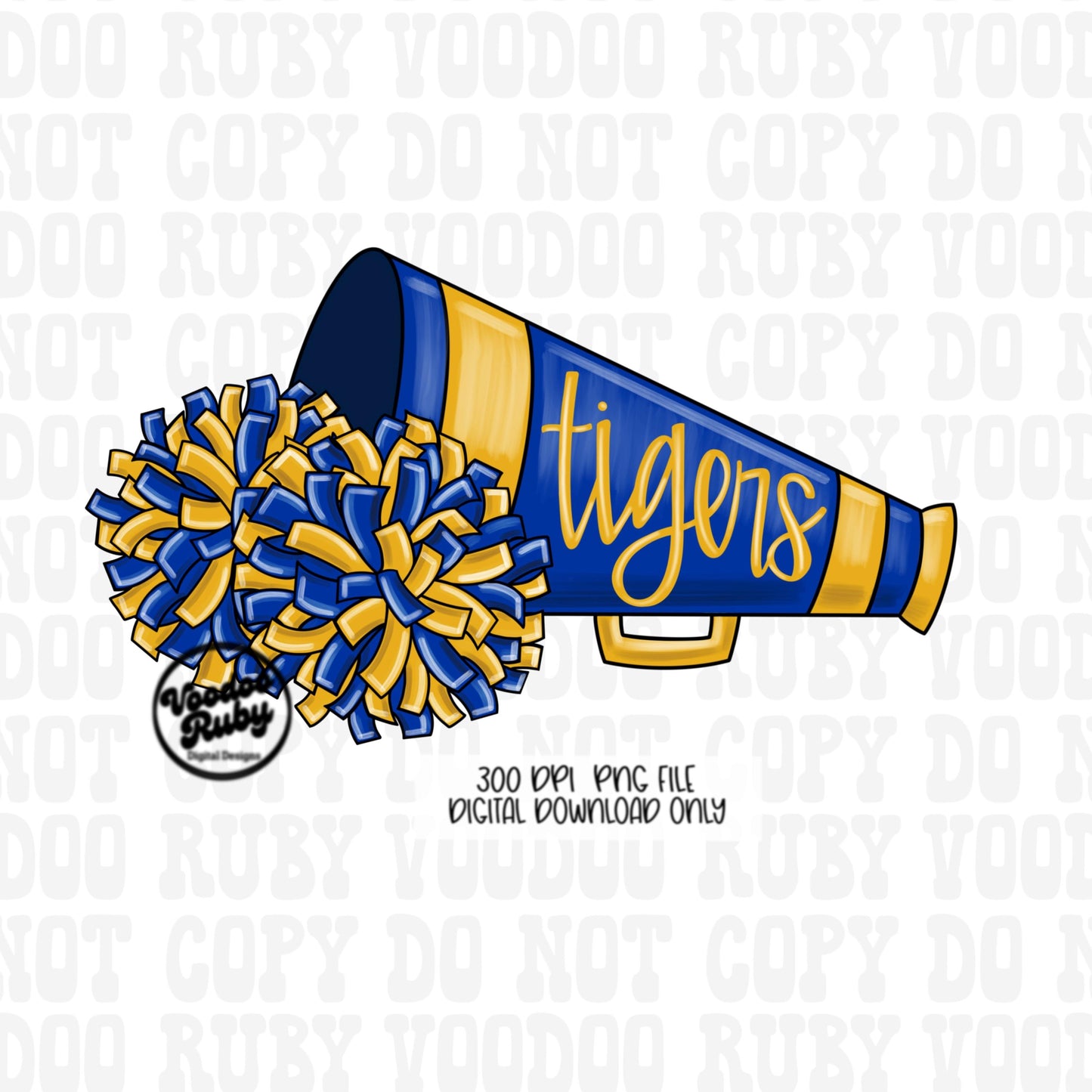 Blue and Yellow Gold Tigers Cheer PNG Design Sublimation Hand Drawn Digital Download Football PNG Cheerleader DTF Printable Clip Art