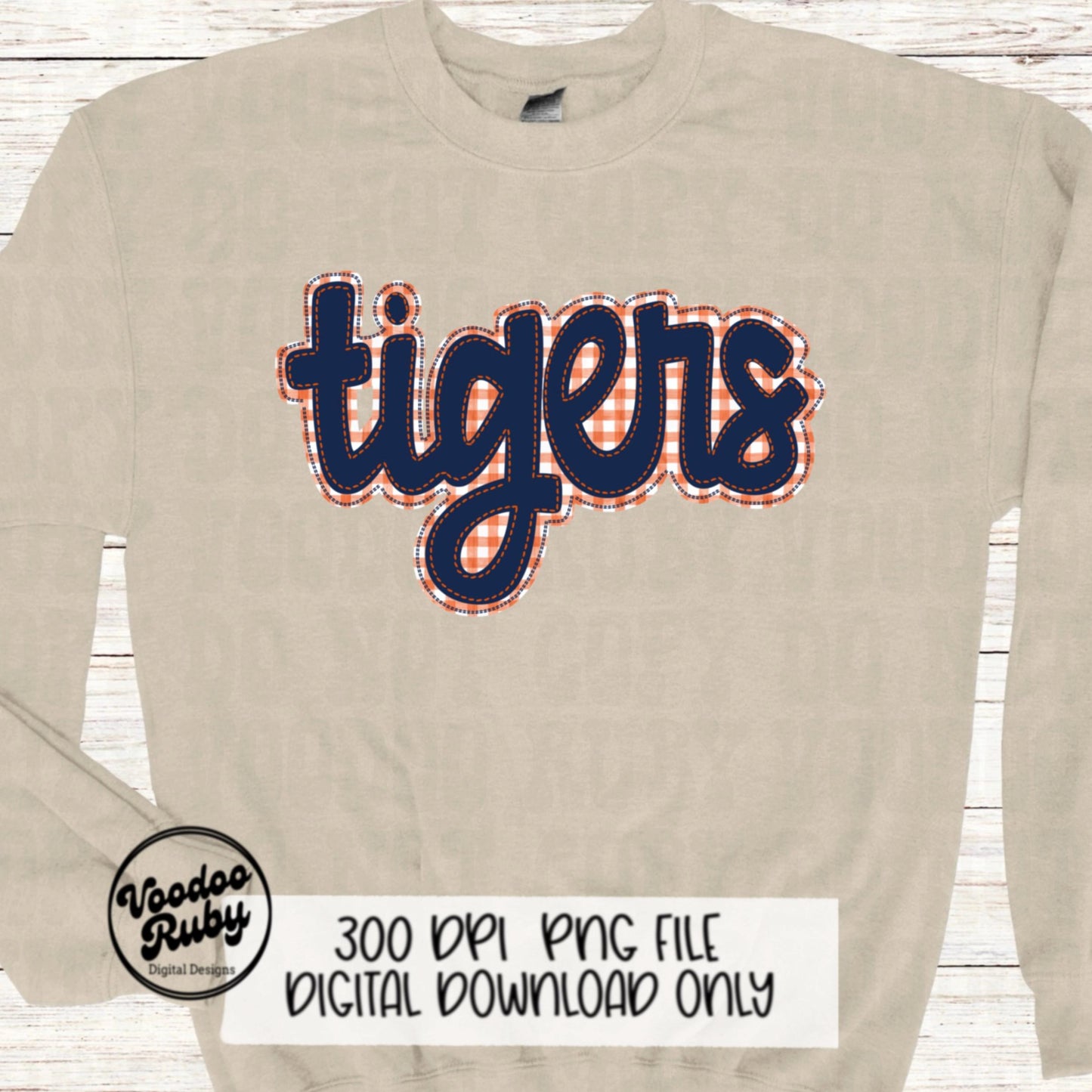Tigers PNG Design Blue Orange Hand Drawn Digital Download Embroidery PNG Faux Applique Tigers Football png DTF Printable Clip Art Mascot