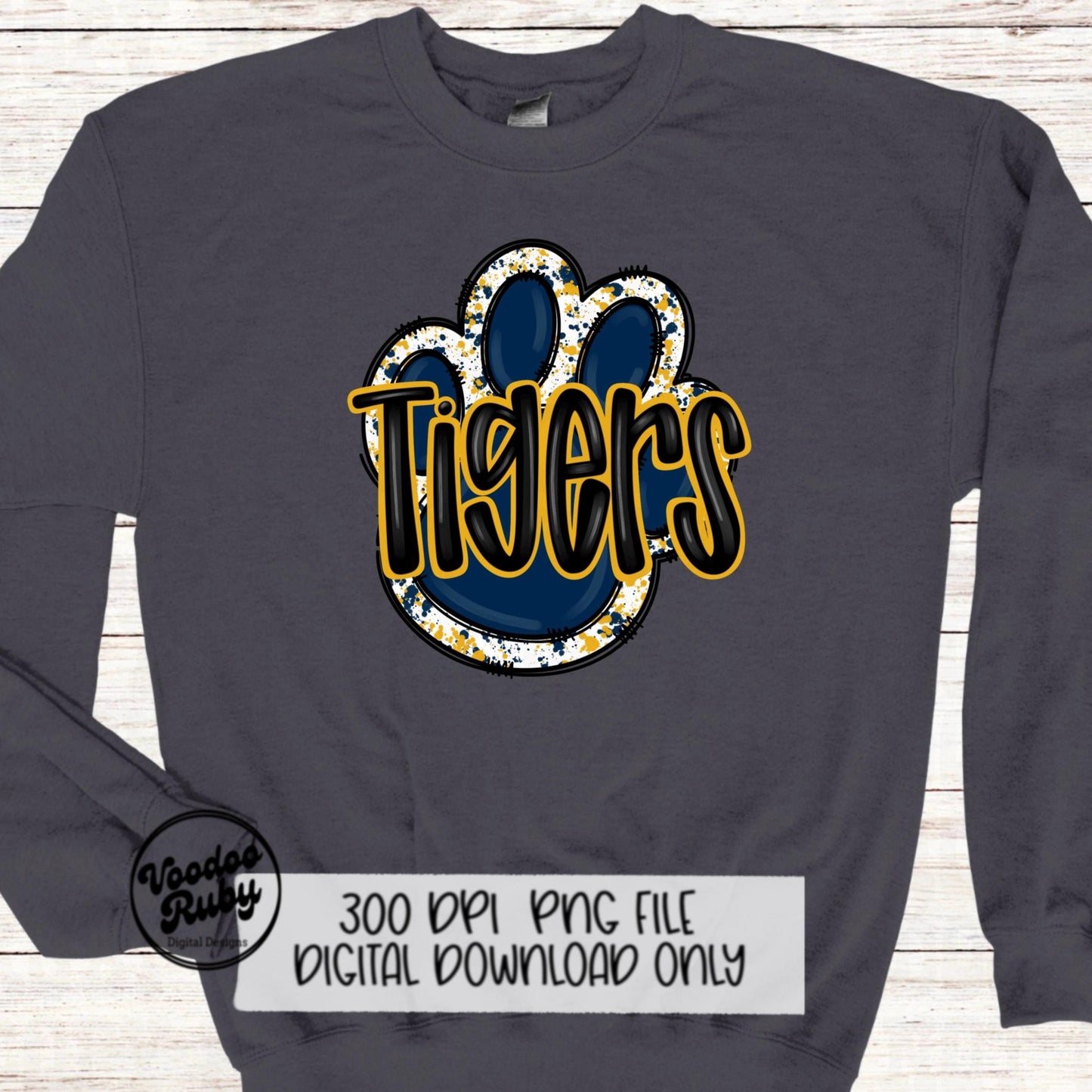 Tigers PNG Design Navy Blue Gold Yellow Hand Drawn Digital Download Football PNG Paw Print Sublimation Design Tigers Football DTF Printable