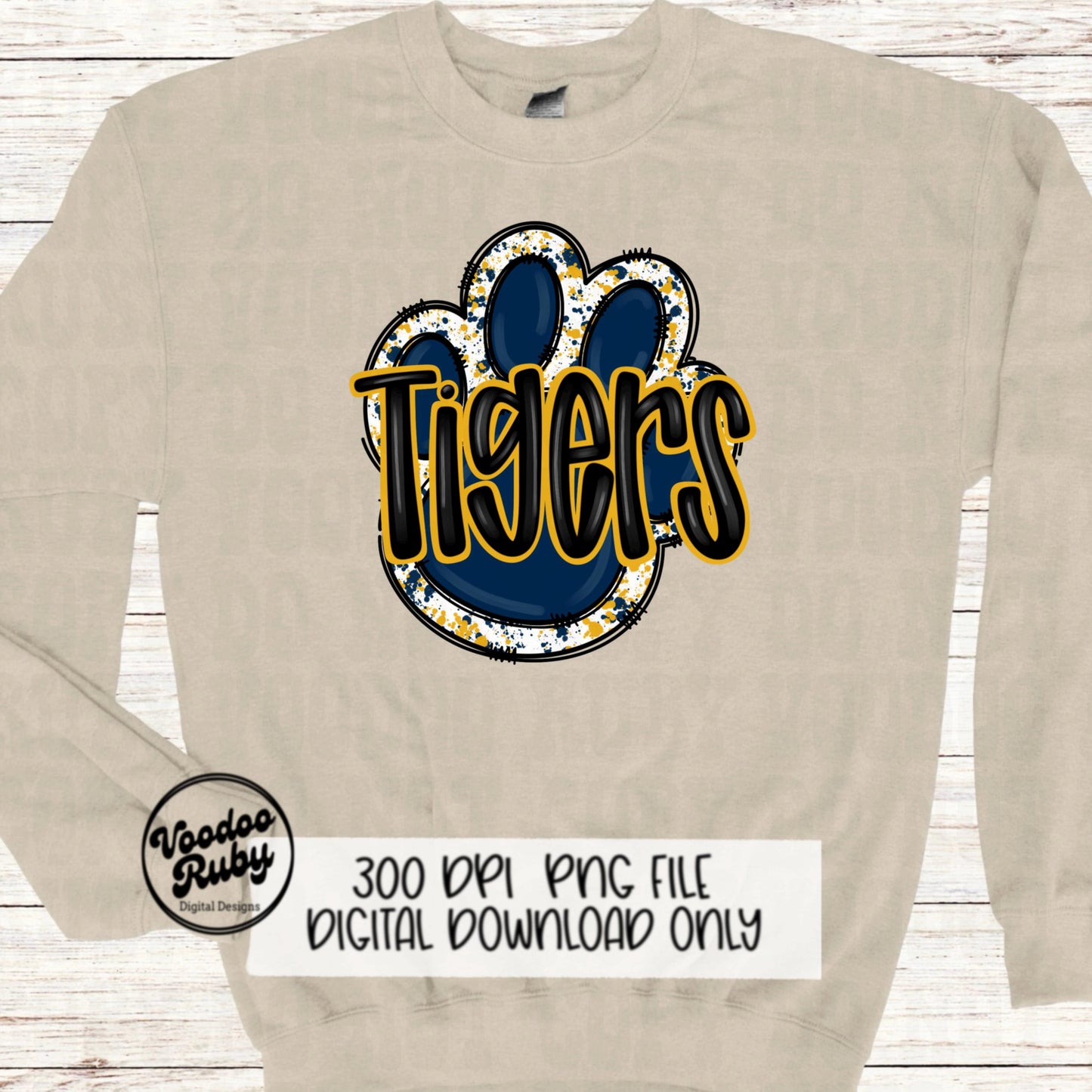 Tigers PNG Design Navy Blue Gold Yellow Hand Drawn Digital Download Football PNG Paw Print Sublimation Design Tigers Football DTF Printable