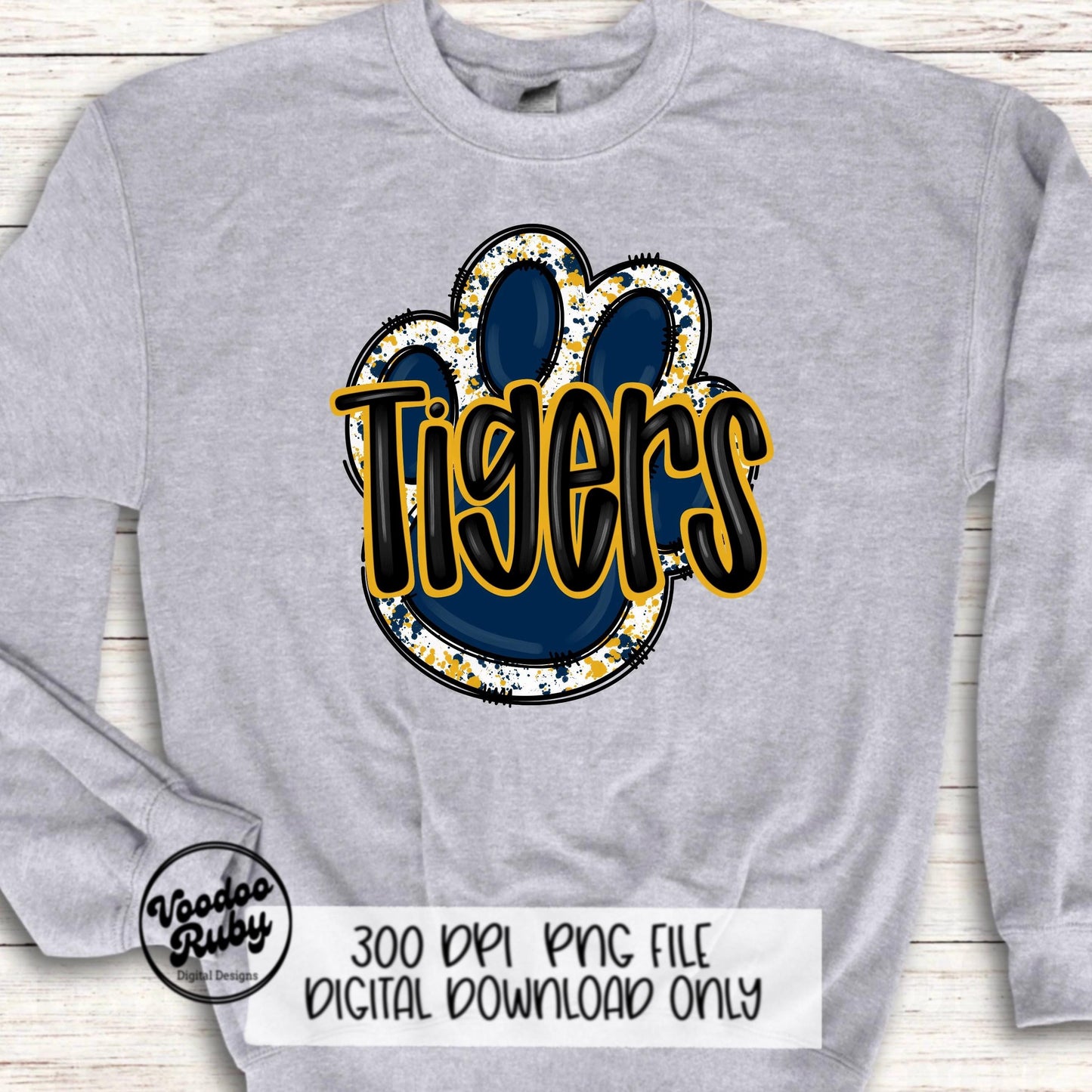 Tigers PNG Design Navy Blue Gold Yellow Hand Drawn Digital Download Football PNG Paw Print Sublimation Design Tigers Football DTF Printable