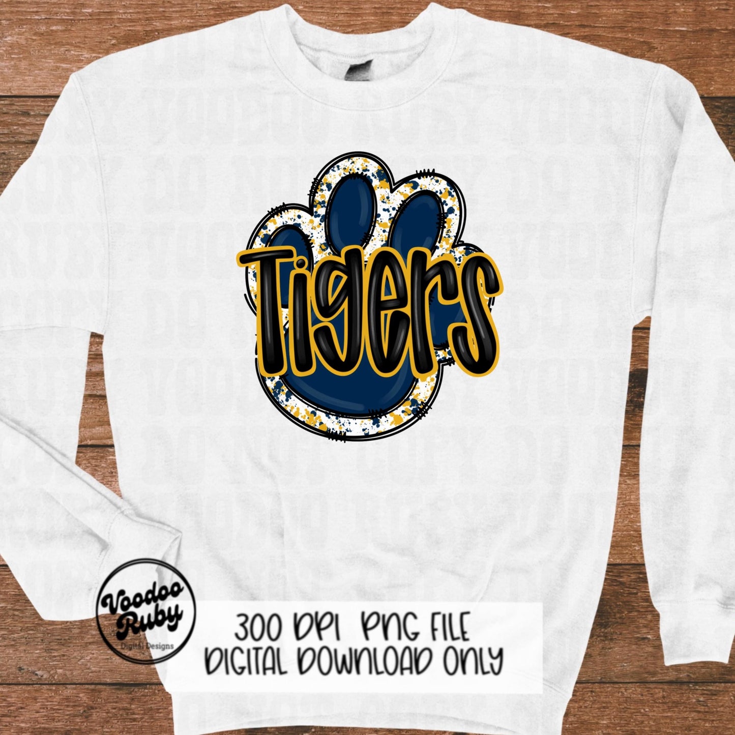 Tigers PNG Design Navy Blue Gold Yellow Hand Drawn Digital Download Football PNG Paw Print Sublimation Design Tigers Football DTF Printable