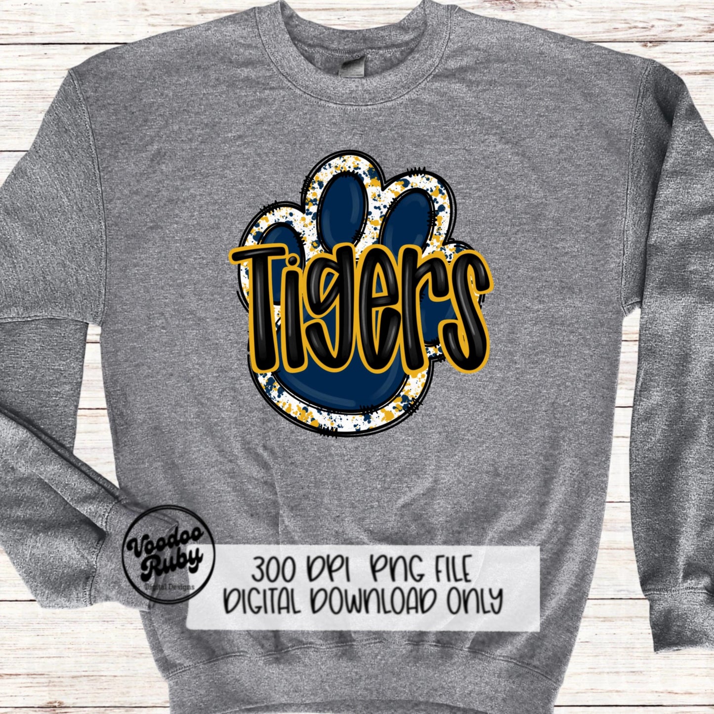 Tigers PNG Design Navy Blue Gold Yellow Hand Drawn Digital Download Football PNG Paw Print Sublimation Design Tigers Football DTF Printable