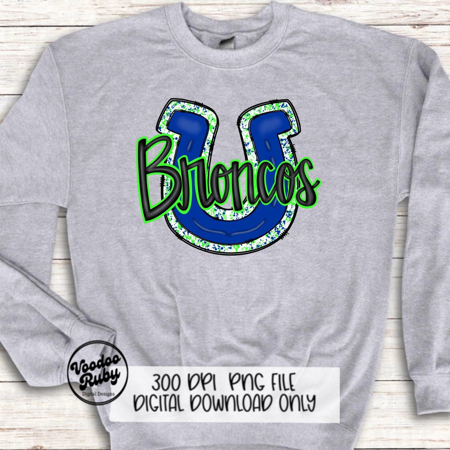 Broncos PNG Design Hand Drawn Digital Download Football PNG Broncos Sublimation Design Blue Lime Green Broncos Football DTF Printable