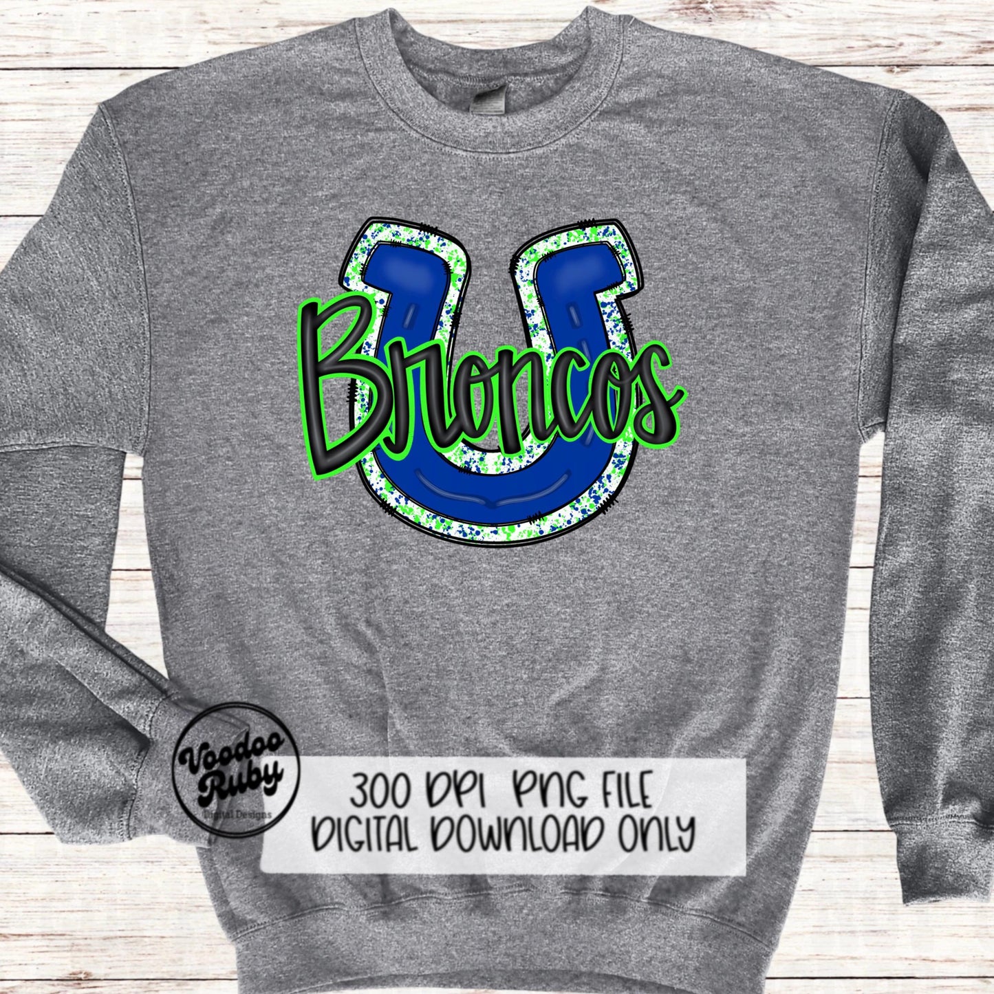 Broncos PNG Design Hand Drawn Digital Download Football PNG Broncos Sublimation Design Blue Lime Green Broncos Football DTF Printable