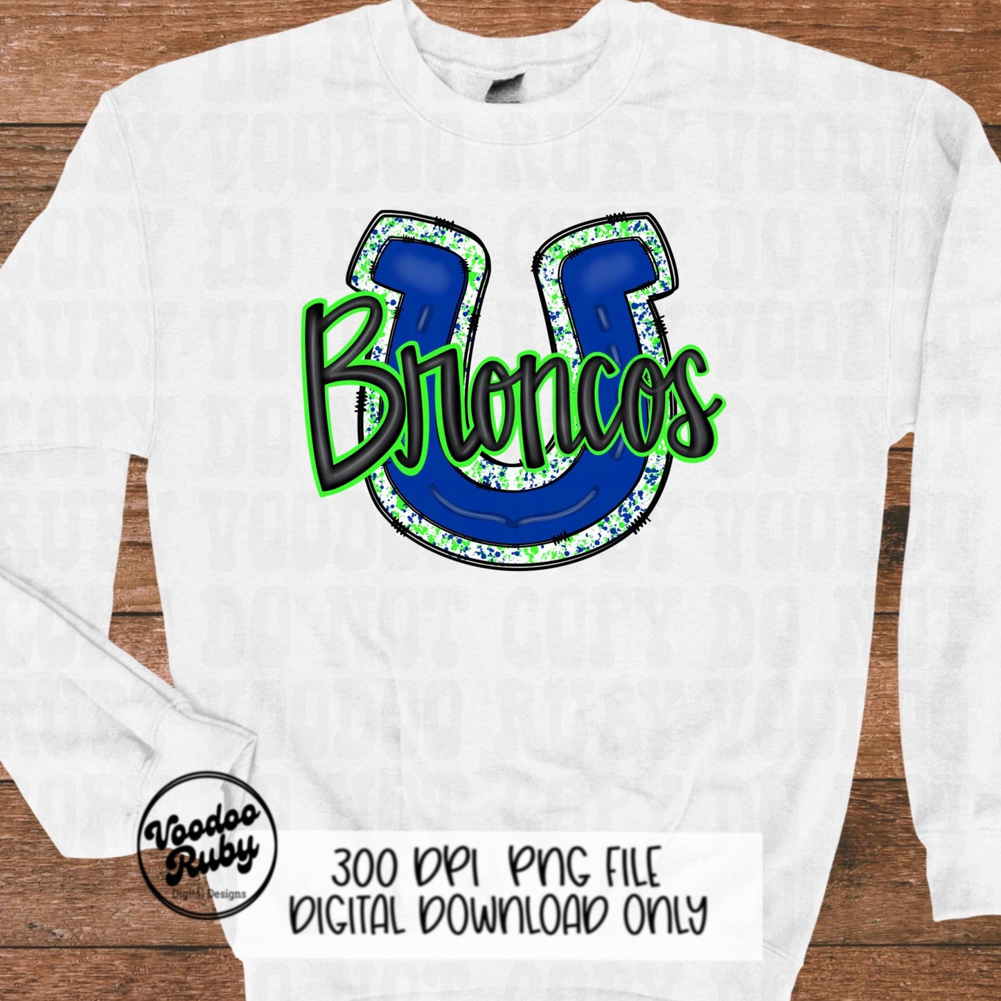 Broncos PNG Design Hand Drawn Digital Download Football PNG Broncos Sublimation Design Blue Lime Green Broncos Football DTF Printable