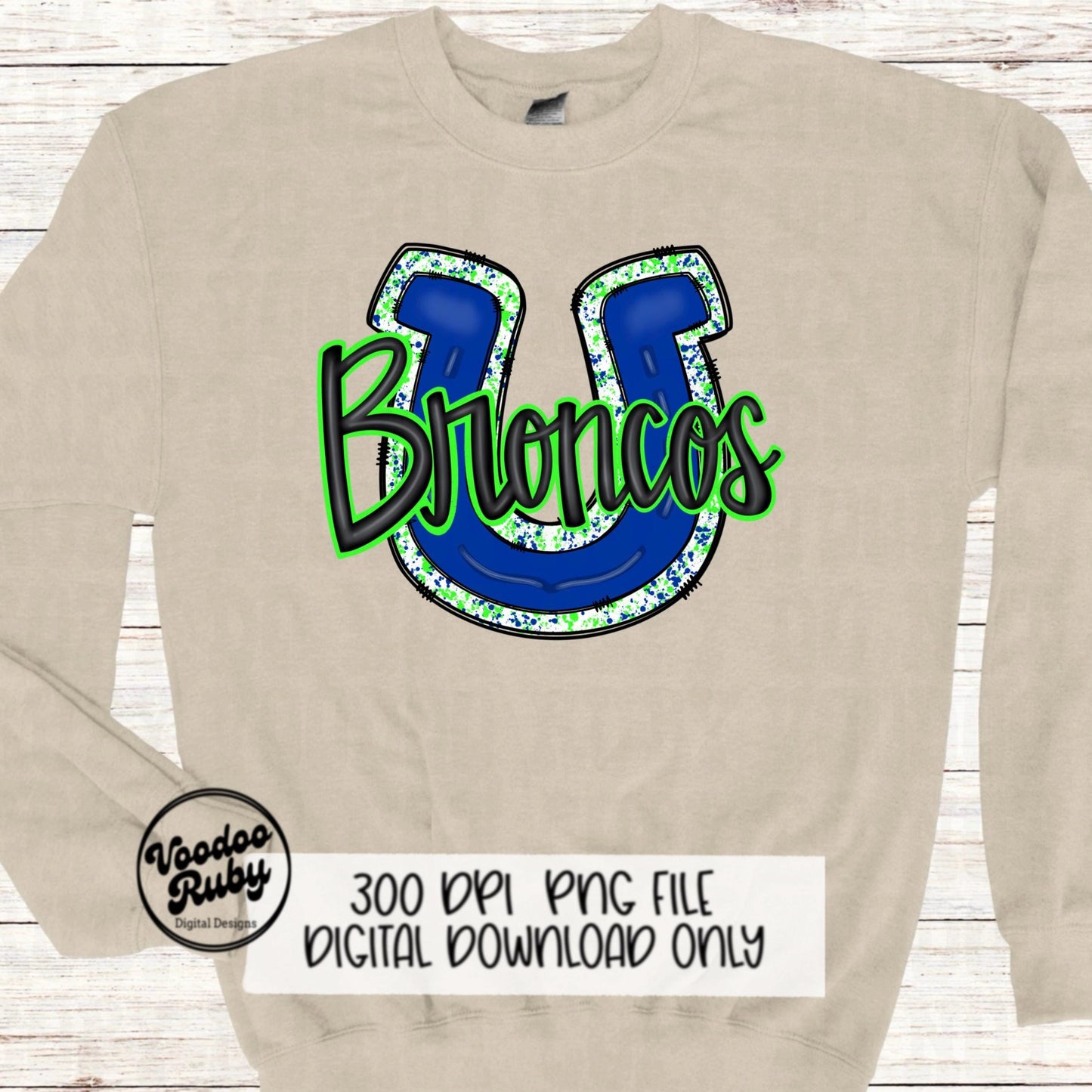 Broncos PNG Design Hand Drawn Digital Download Football PNG Broncos Sublimation Design Blue Lime Green Broncos Football DTF Printable
