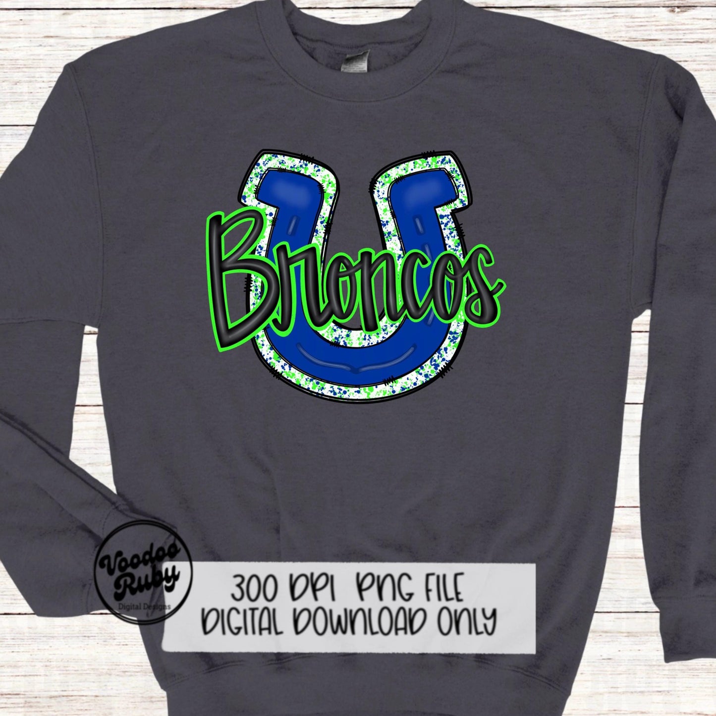 Broncos PNG Design Hand Drawn Digital Download Football PNG Broncos Sublimation Design Blue Lime Green Broncos Football DTF Printable