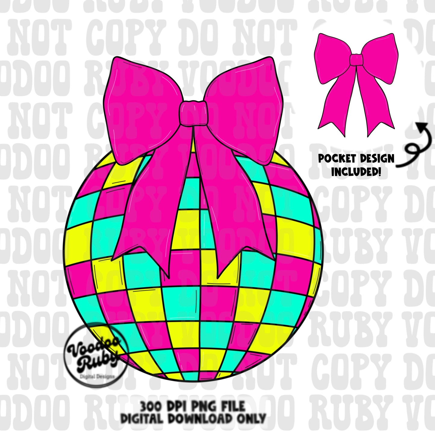 Pink Summer Coquette Bow Disco Ball PNG Sublimation Design Hand Drawn Digital Download Bow Pocket Design PNG Summer dtf Printable