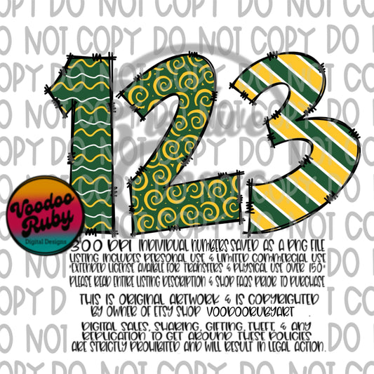 Gold and Green Doodle Numbers Bundle PNG | Hand Drawn Numbers PNG | Numbers Digital Download | Sublimation Blanks