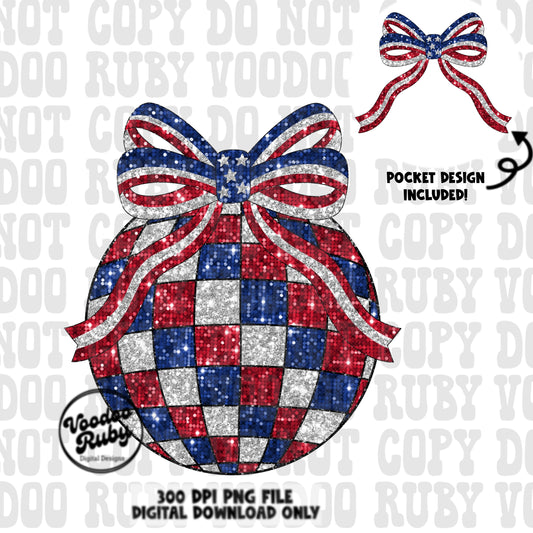 4th of July Coquette Bow Disco Ball PNG Sublimation Design Hand Drawn Digital Download Sequin Glitter Patriotic PNG Summer American dtf