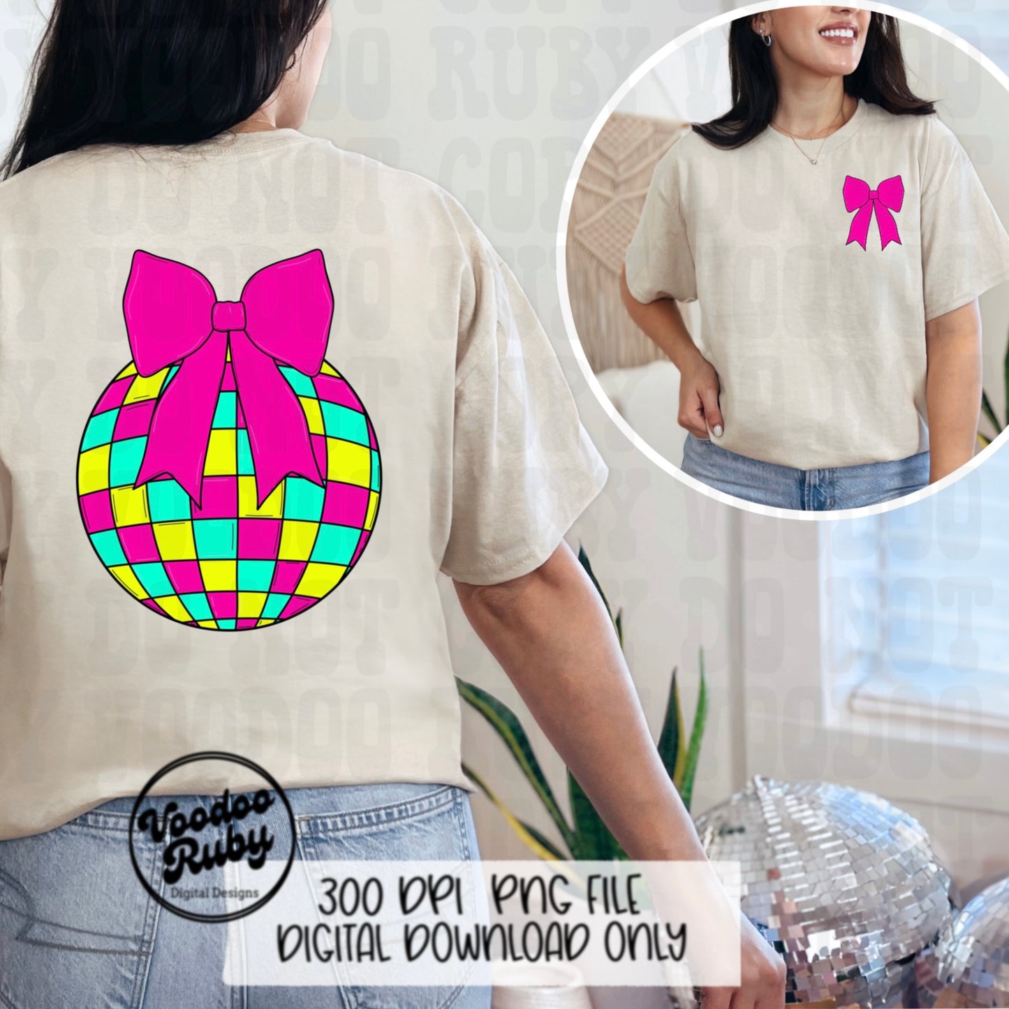 Pink Summer Coquette Bow Disco Ball PNG Sublimation Design Hand Drawn Digital Download Bow Pocket Design PNG Summer dtf Printable