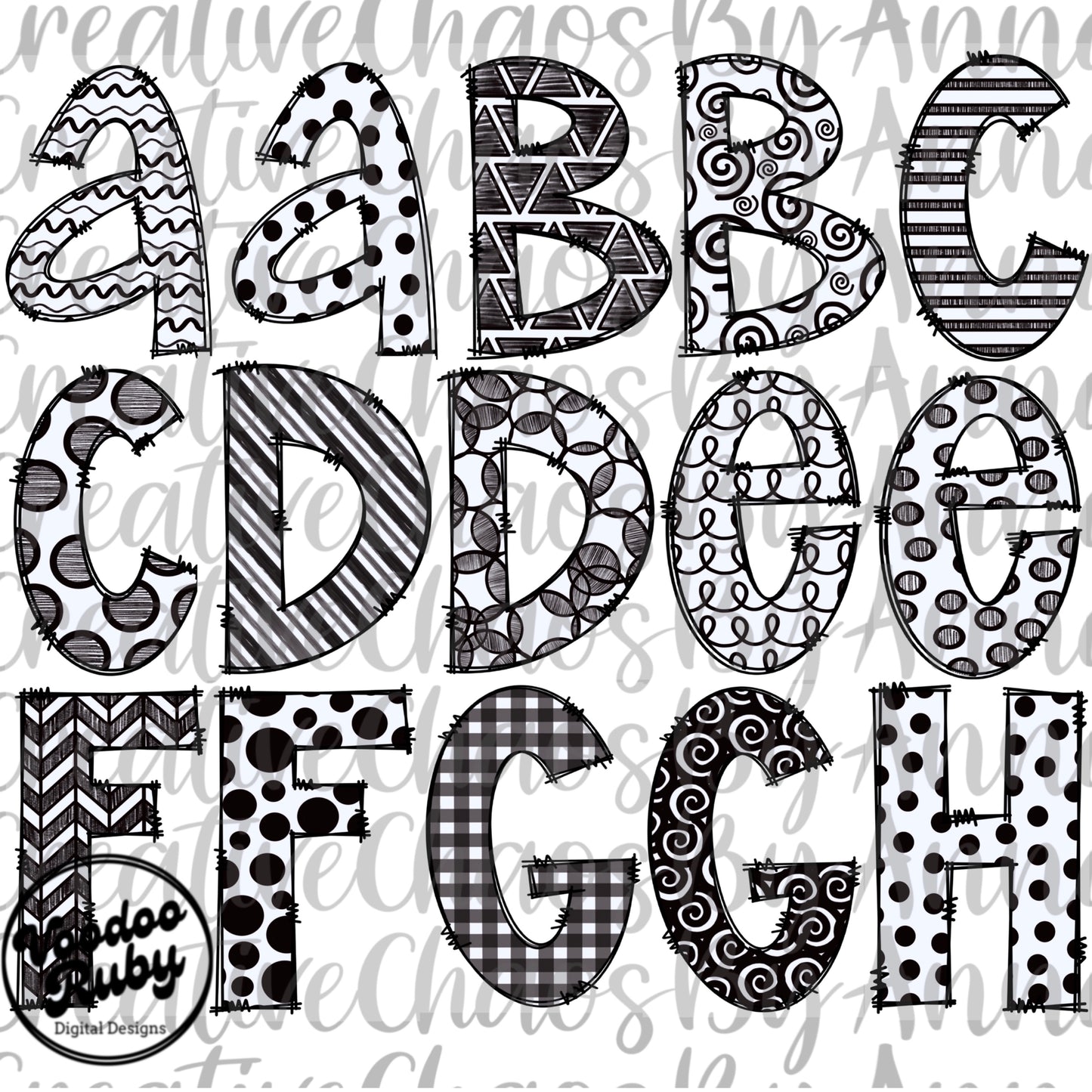 Black White Doodle Letters PNG Alphabet Bundle Hand Drawn Digital Download Doodle Alphabet PNG Sublimation Blanks DTF Printable