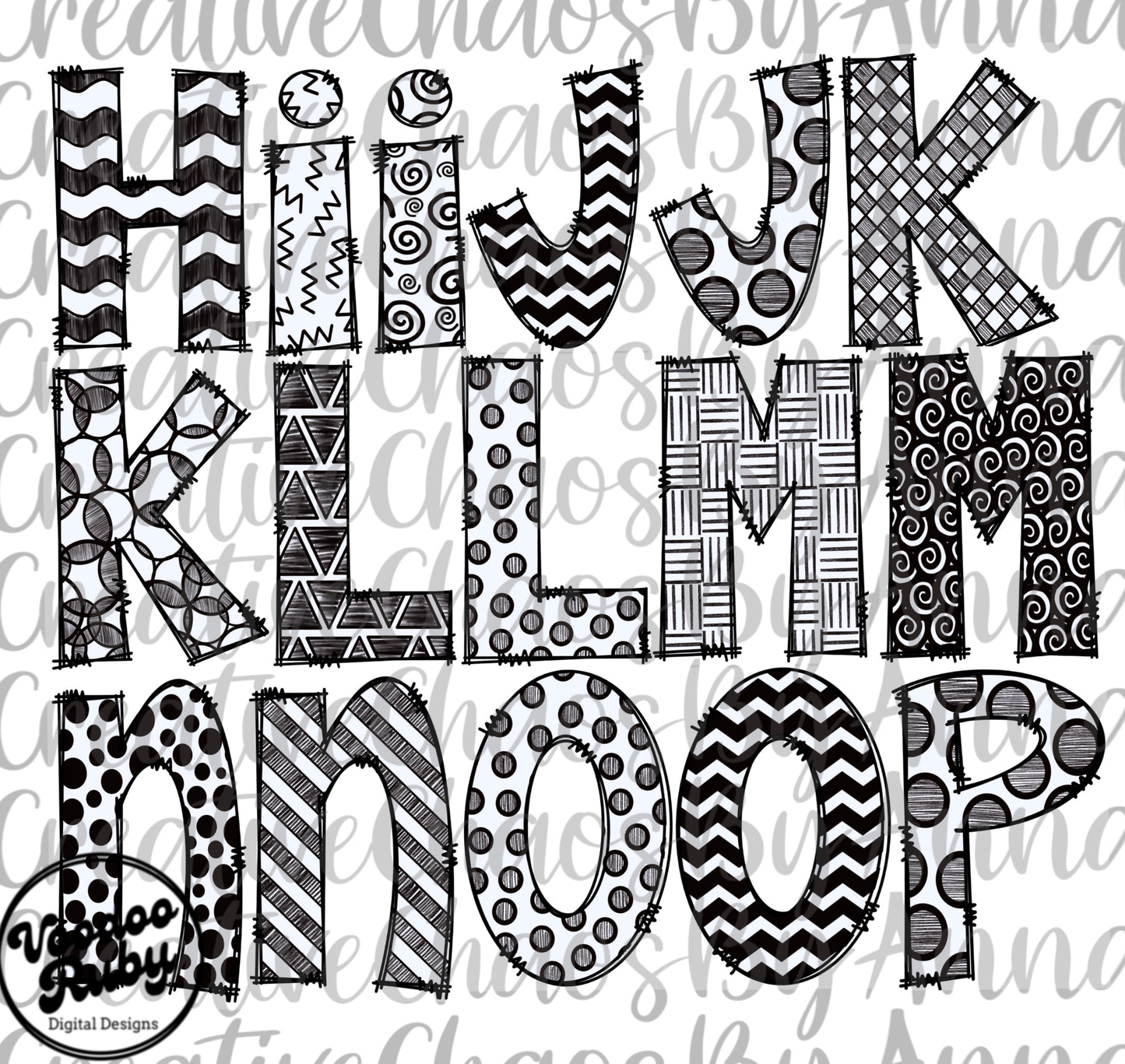 Black White Doodle Letters PNG Alphabet Bundle Hand Drawn Digital Download Doodle Alphabet PNG Sublimation Blanks DTF Printable
