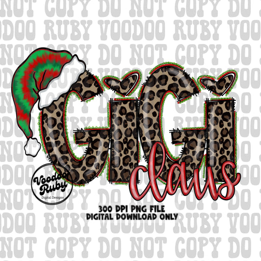 Gigi Claus Christmas Sublimation PNG Hand Drawn Digital Download Clip Art Leopard Print PNG Tie Dye Santa Hat Printable