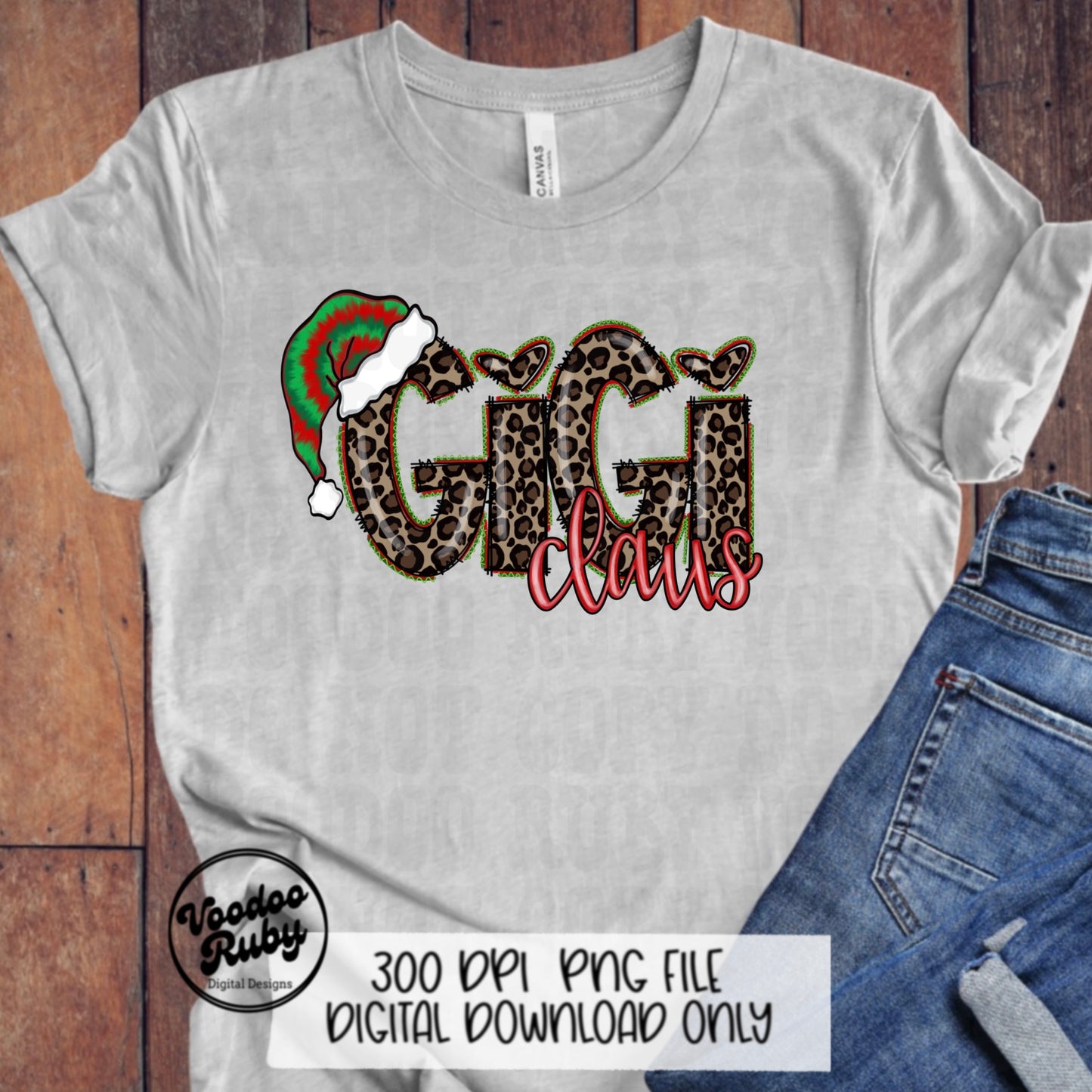 Gigi Claus Christmas Sublimation PNG Hand Drawn Digital Download Clip Art Leopard Print PNG Tie Dye Santa Hat Printable