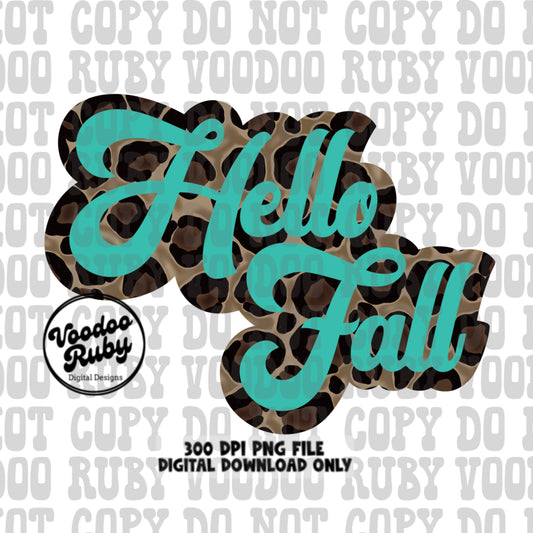 Teal Leopard Hello Fall PNG Design Sublimation Hand Drawn Digital Download Retro Font Fall PNG Leopard png Hello Fall dtf Printable