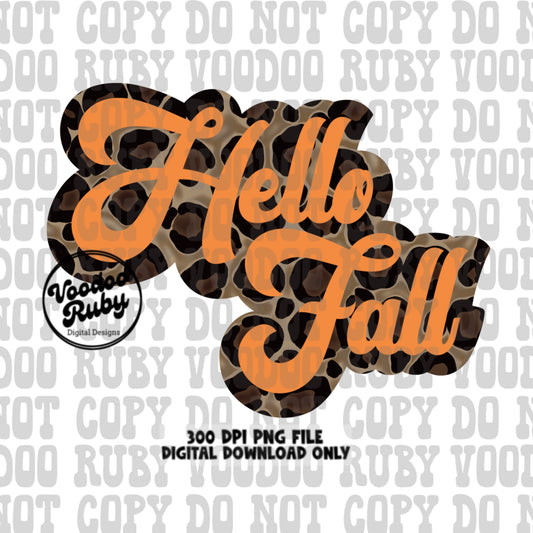 Leopard Hello Fall PNG Design Sublimation Hand Drawn Digital Download Retro Font Fall PNG Leopard png Hello Fall dtf Printable