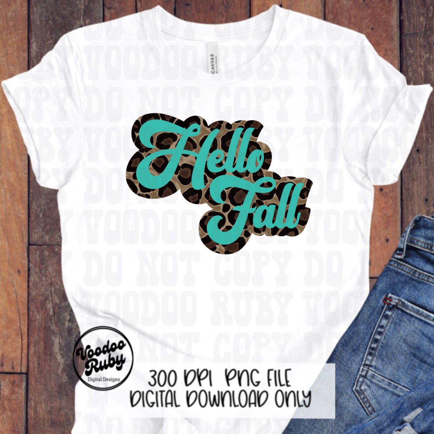 Teal Leopard Hello Fall PNG Design Sublimation Hand Drawn Digital Download Retro Font Fall PNG Leopard png Hello Fall dtf Printable