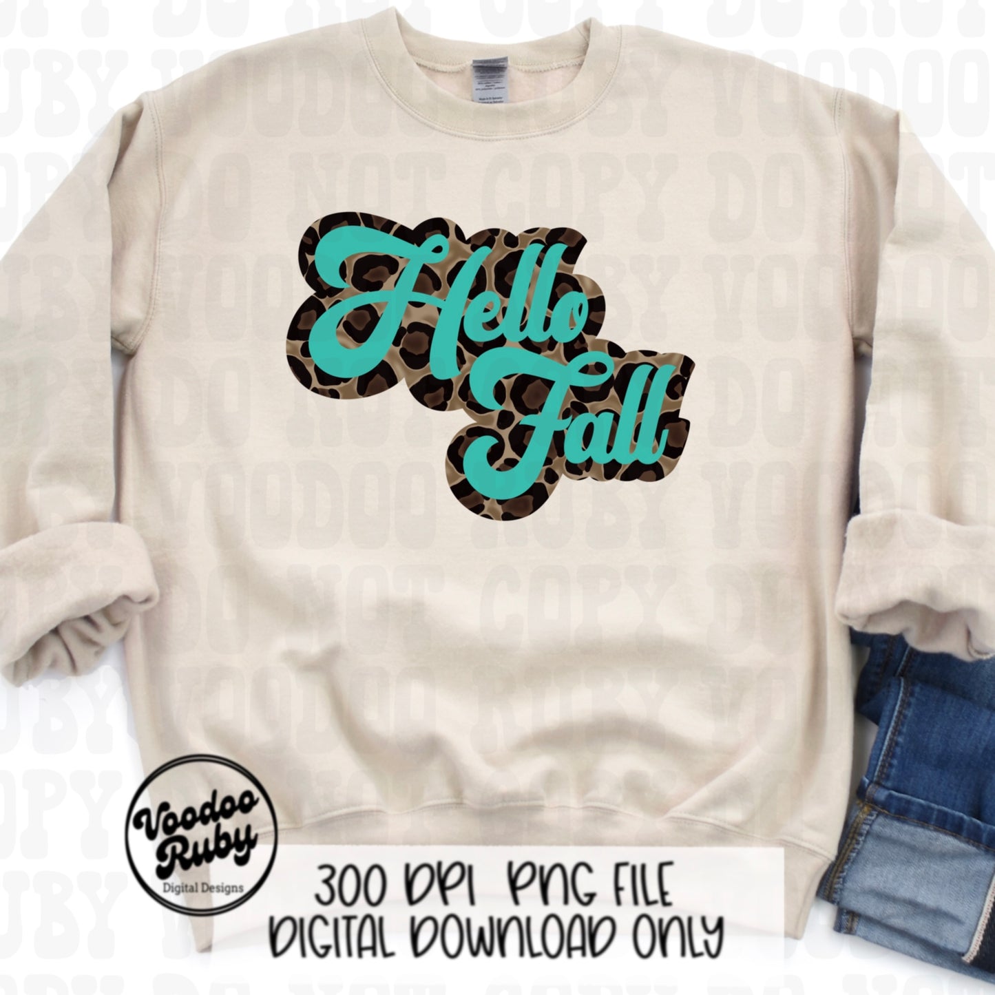 Teal Leopard Hello Fall PNG Design Sublimation Hand Drawn Digital Download Retro Font Fall PNG Leopard png Hello Fall dtf Printable