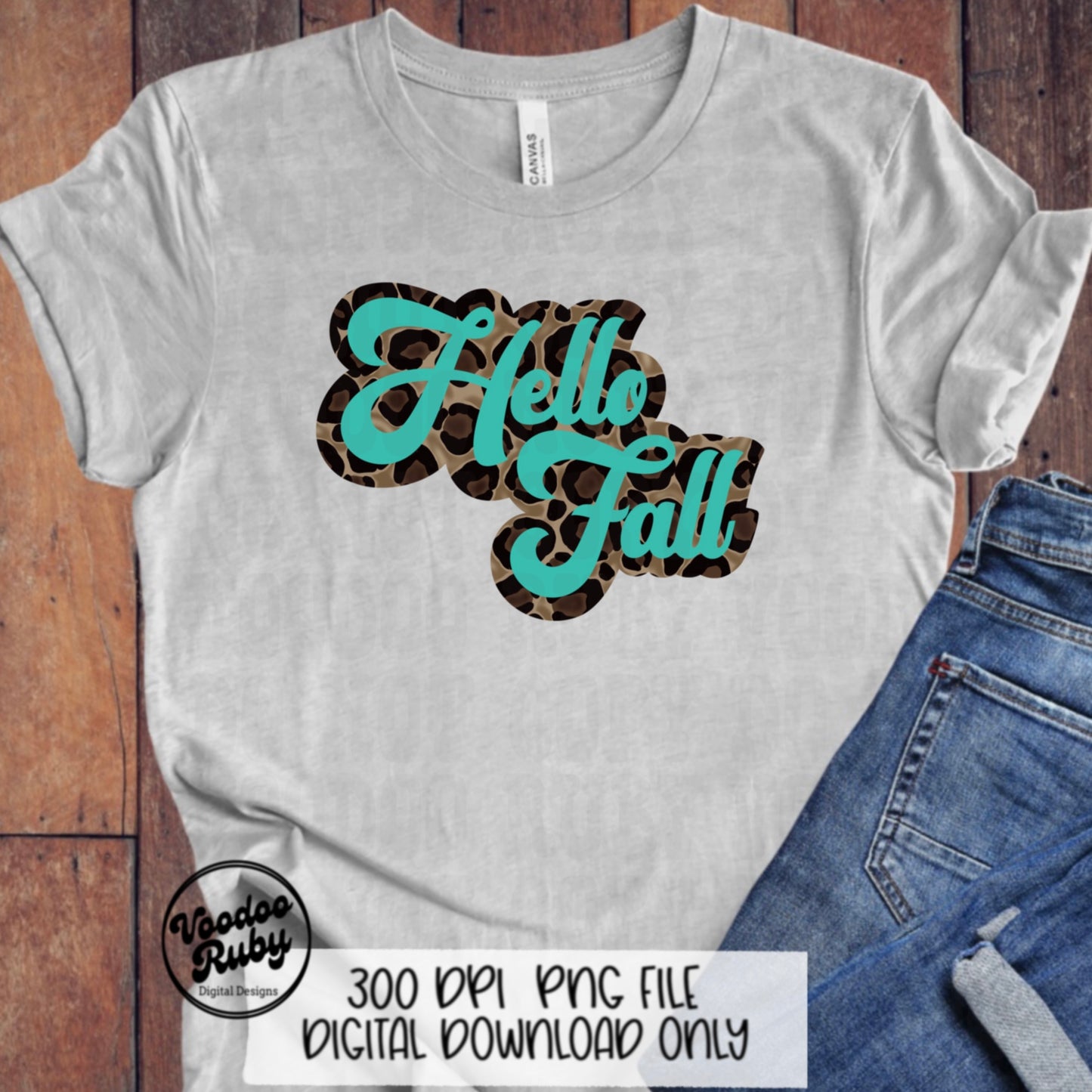 Teal Leopard Hello Fall PNG Design Sublimation Hand Drawn Digital Download Retro Font Fall PNG Leopard png Hello Fall dtf Printable