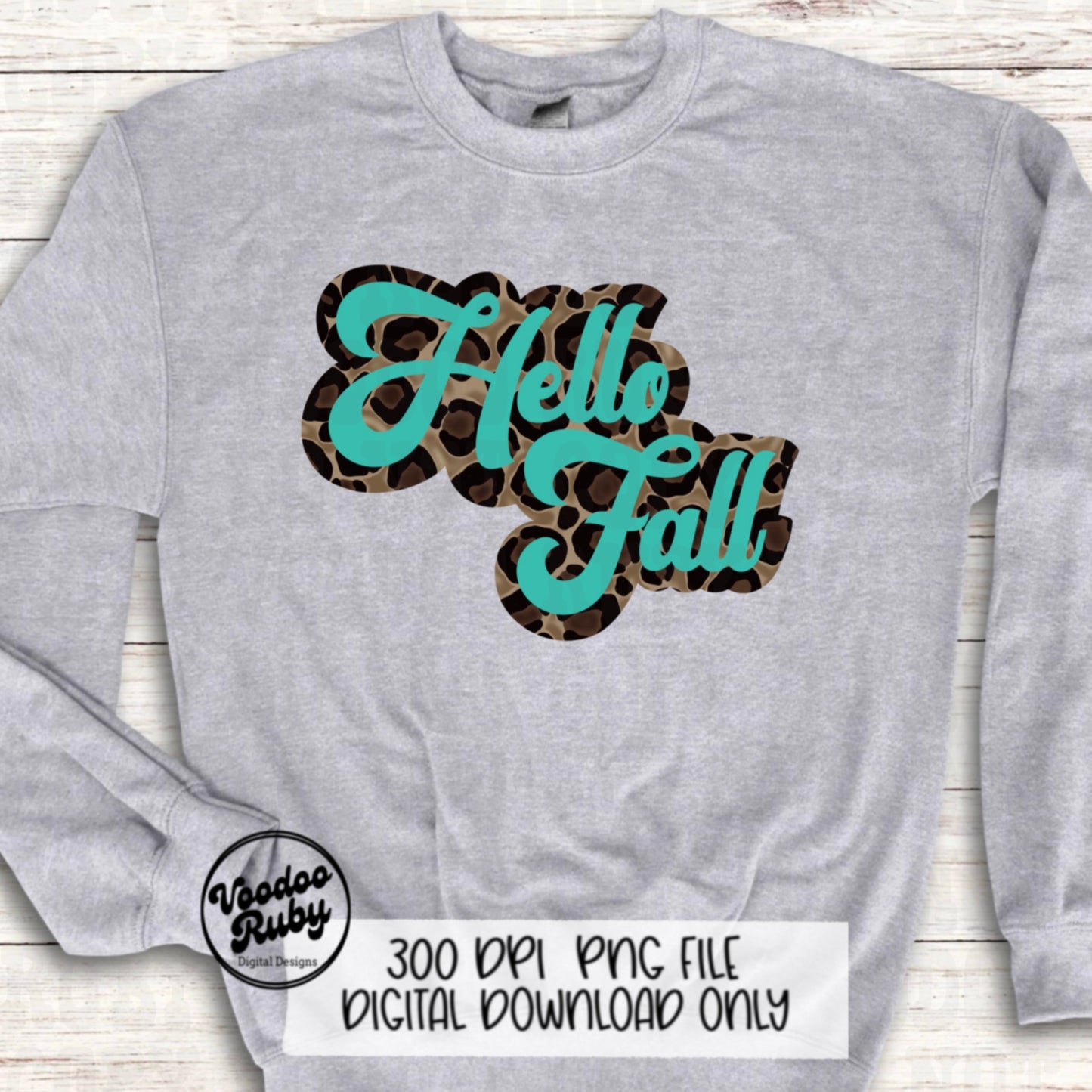 Teal Leopard Hello Fall PNG Design Sublimation Hand Drawn Digital Download Retro Font Fall PNG Leopard png Hello Fall dtf Printable