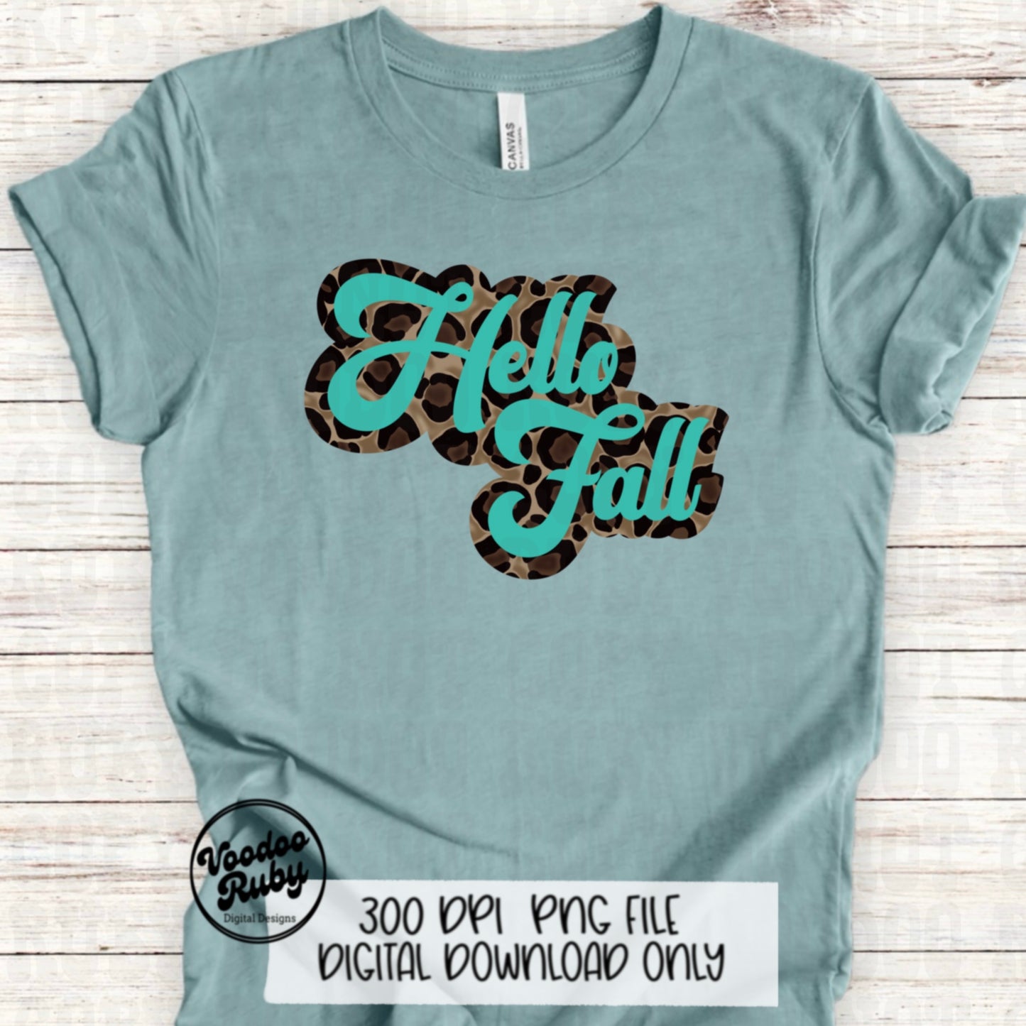 Teal Leopard Hello Fall PNG Design Sublimation Hand Drawn Digital Download Retro Font Fall PNG Leopard png Hello Fall dtf Printable