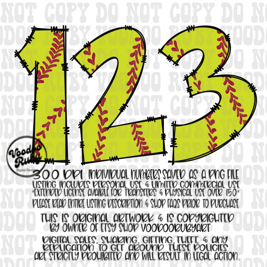 Softball PNG Doodle Numbers Bundle Hand Drawn Numbers Softball PNG Digital Download Sublimation Softball Numbers DTF Printable