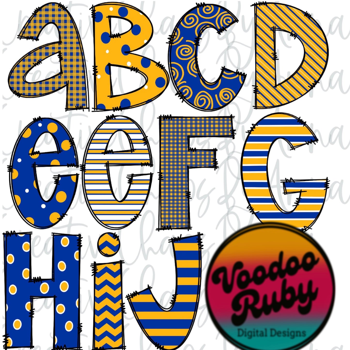 Blue Yellow Doodle Letters PNG Sublimation Alphabet Bundle PNG Hand Drawn Alpha Pack Digital Download Doodle Alphabet Digital Design DTF Printable