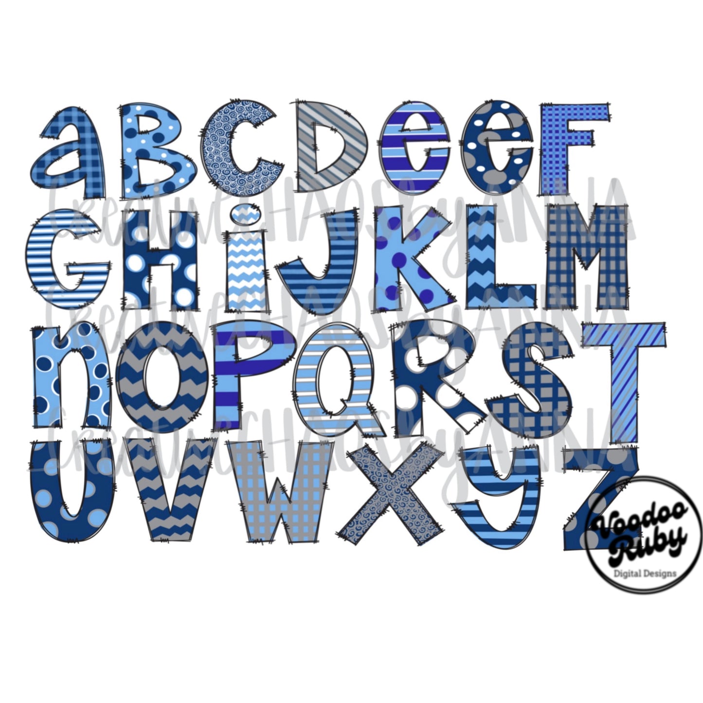 Doodle Letters PNG Alphabet Bundle PNG Hand Drawn Alpha Pack Digital Download Blue Sublimation Alphabet Digital Design DTF Printable